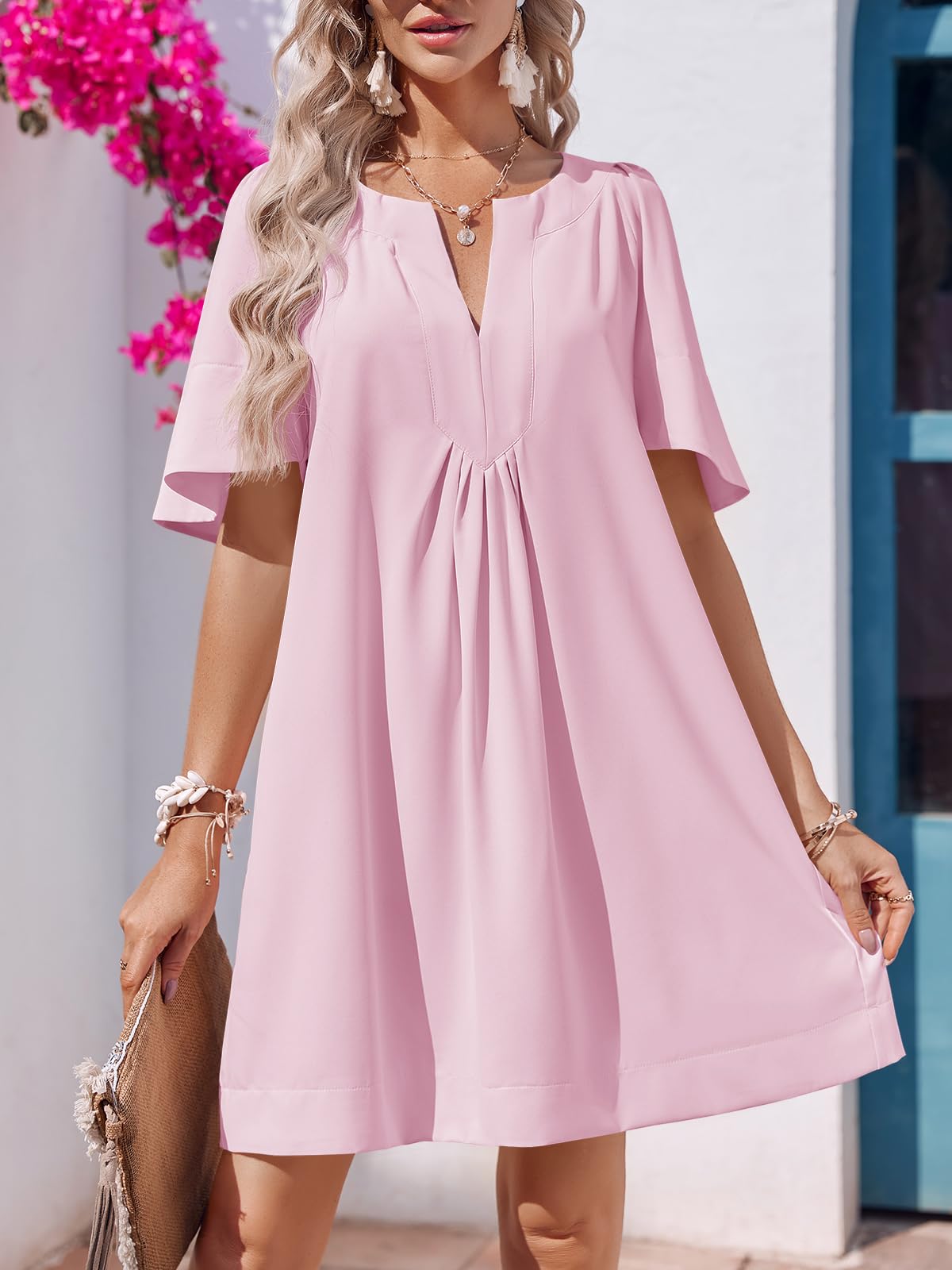 Imily Bela Womens Flutter Short Sleeve Mini Dress Casual V Neck Loose Flowy Summer Dresses