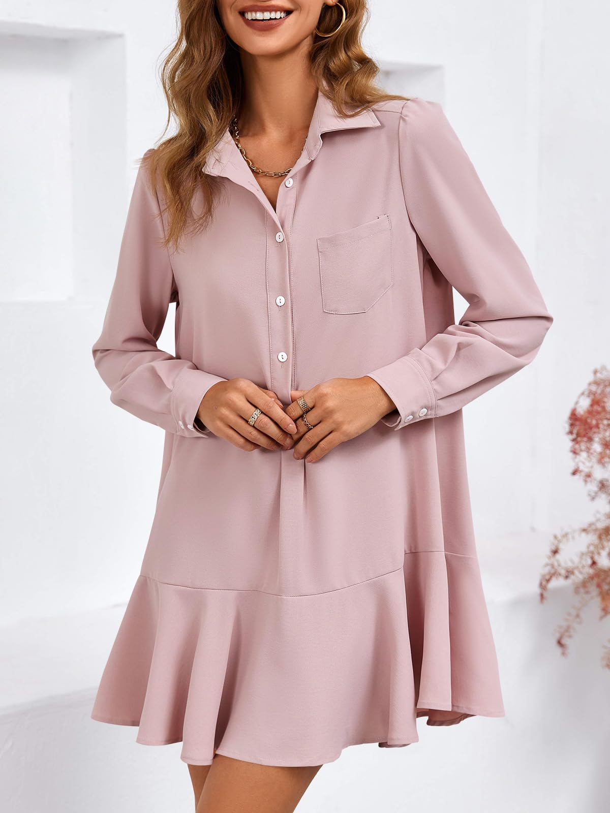 Imily Bela Womens Casual Button Down Shirt Dress Long Sleeve Collared Pleated Swing Mini Dresses
