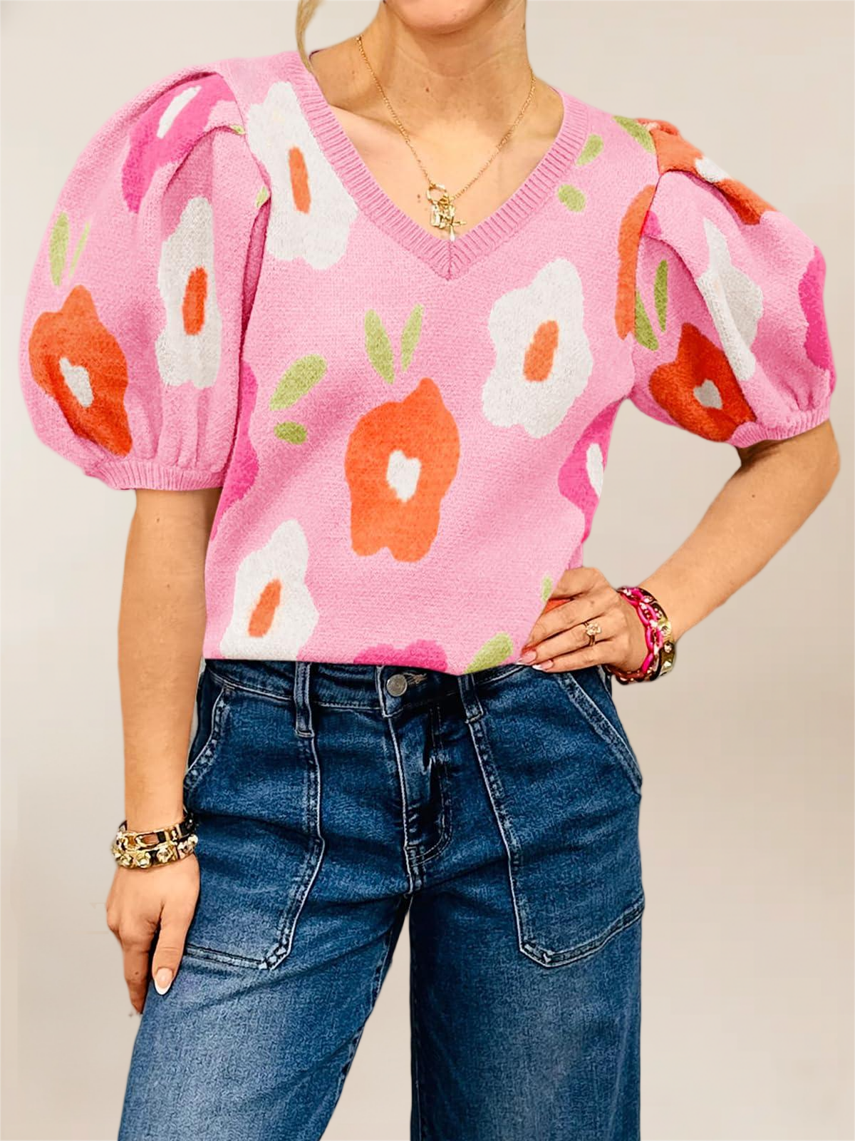 Imily Bela Womens Puff Short Sleeve Sweater Tops 2026 Spring Summer Floral Pullover V Neck Casual Knit T Shirts