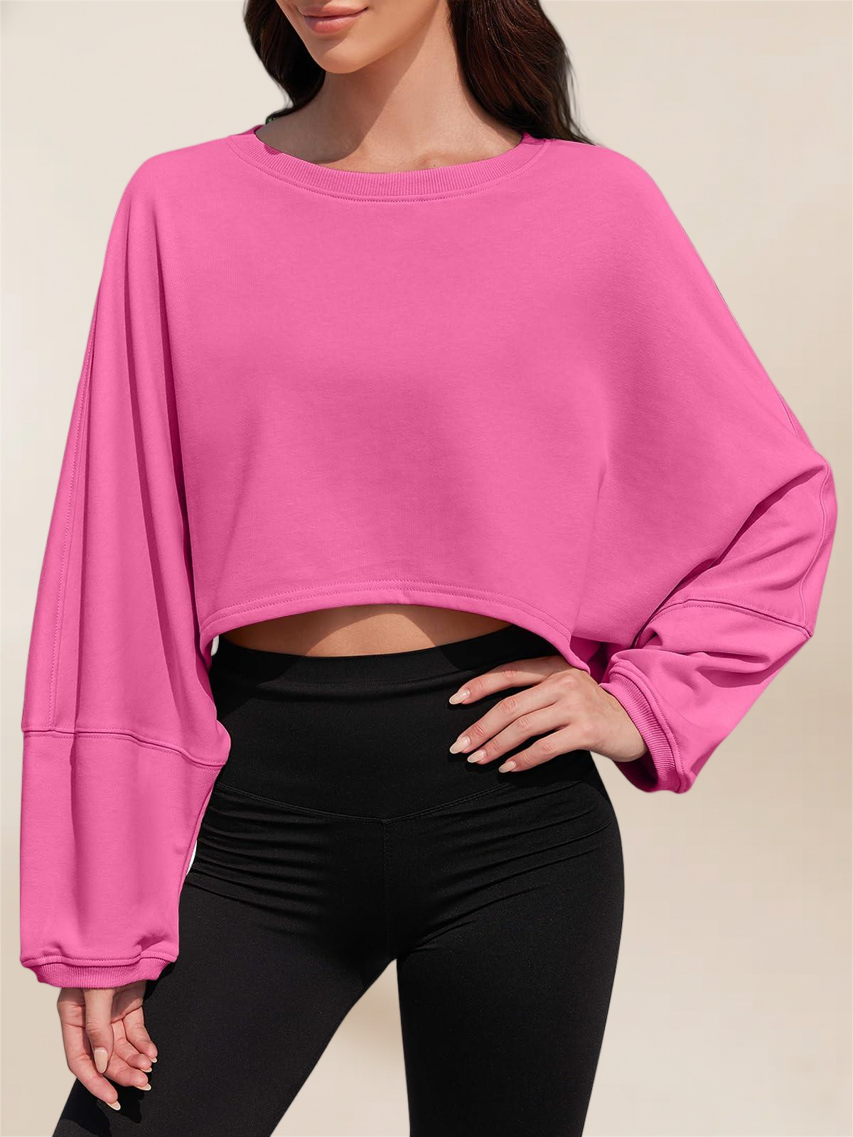 Imily Bela Womens Long Ballon Sleeve Sweatshirts Tops Cropped Crew Neck Loose Fit Casual Workout Shirts
