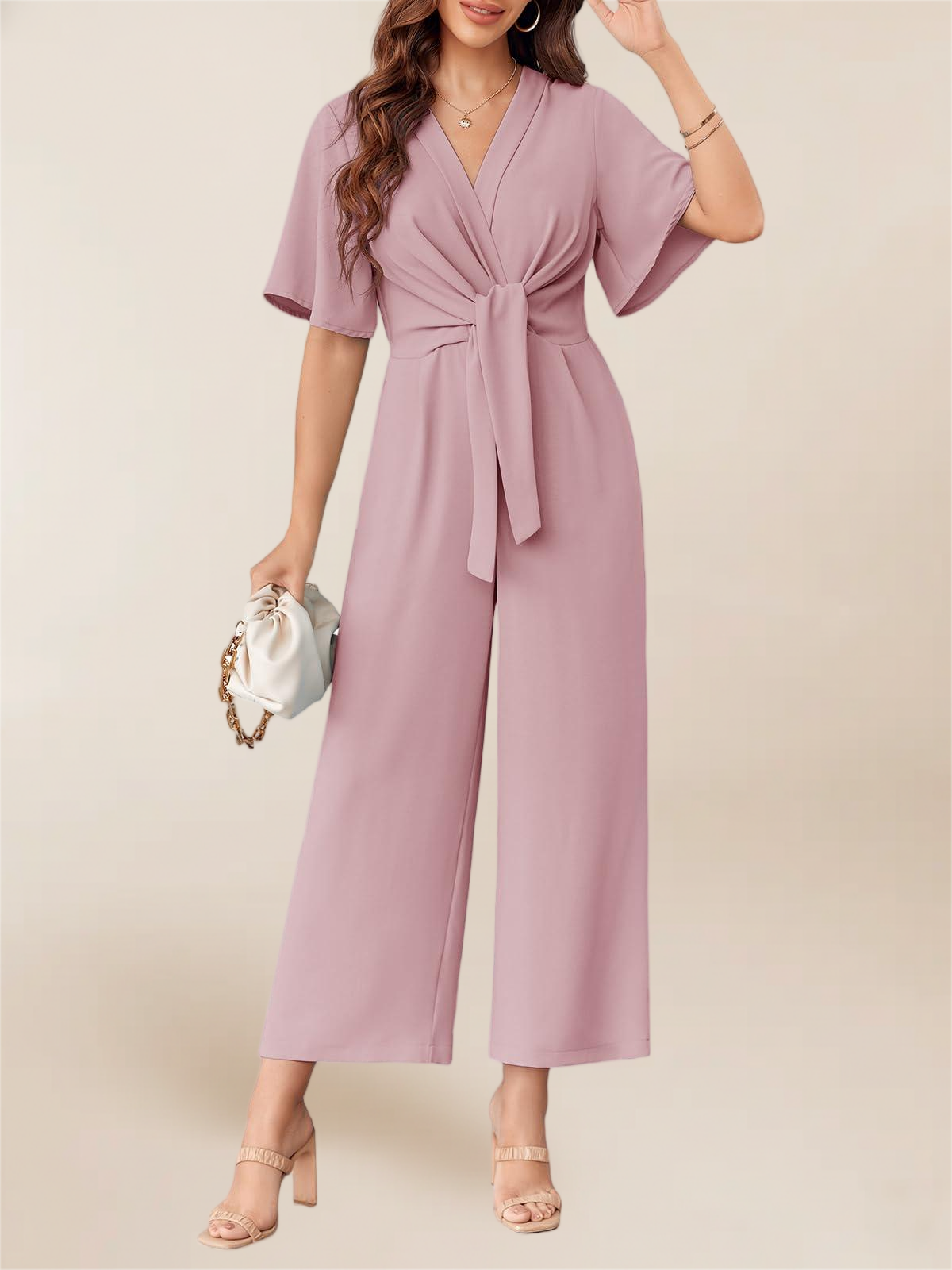 Imily Bela Women's Elegant V Neck Jumpsuits Dressy Casual Short Sleeve Wide Leg Long Pants Rompers