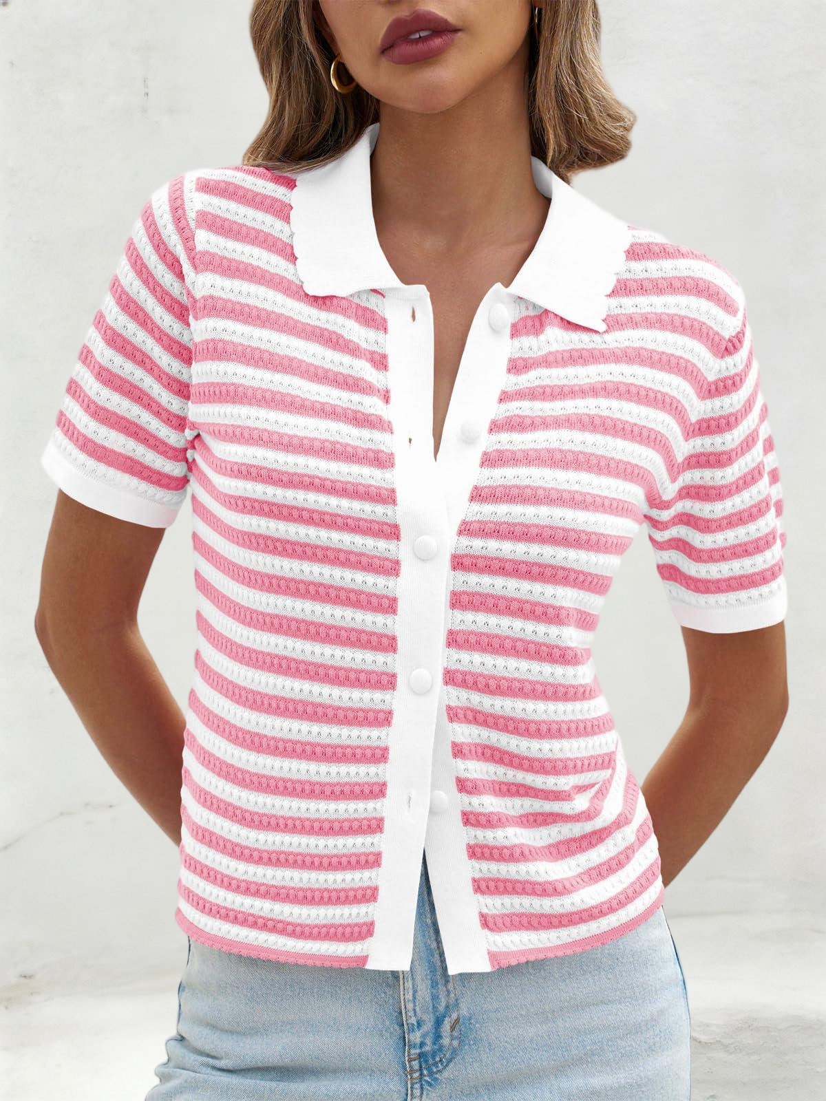 Imily Bela Womens Striped Short Sleeve Sweater Tops Polo Collared Button Crochet Summer Cropped Cardigan