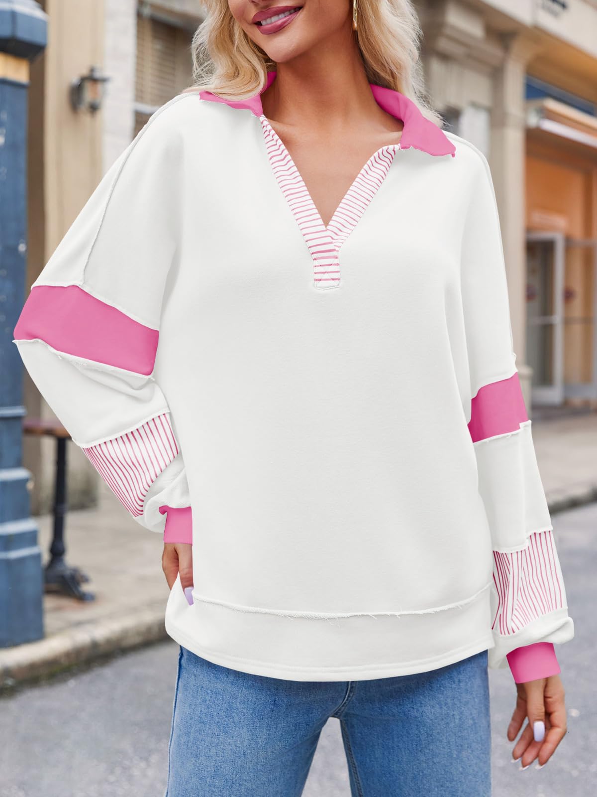Imily Bela Womens Color Block Oversized Sweatshirt Polo V Neck Long Sleeve Shirts Casual Loose Pullover Tops