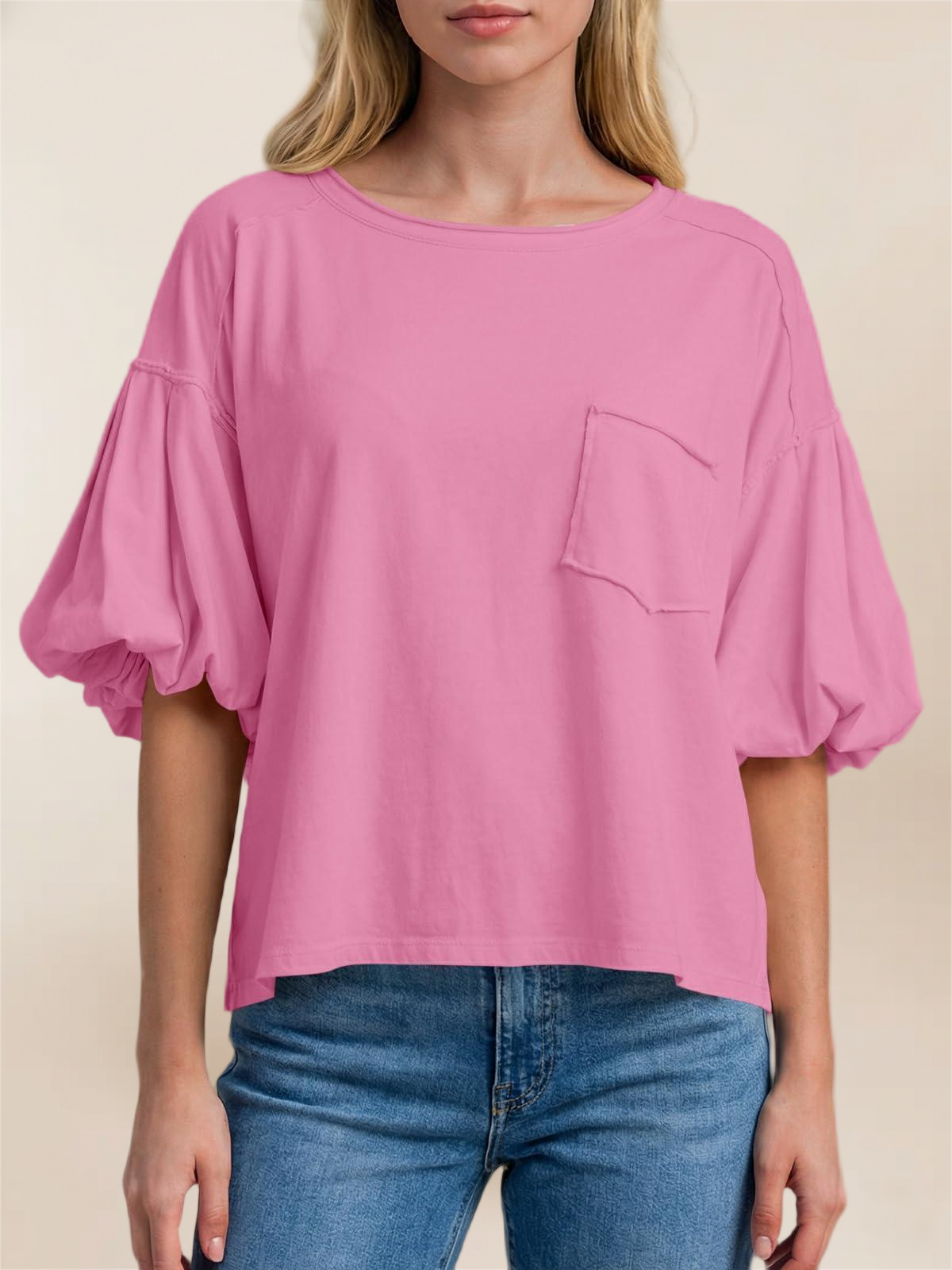 Imily Bela Womens Puff Sleeve Tops Crew Neck Drop Shoulder Pocket T-Shirt Summer Casual Tees Loose Fit Blouse