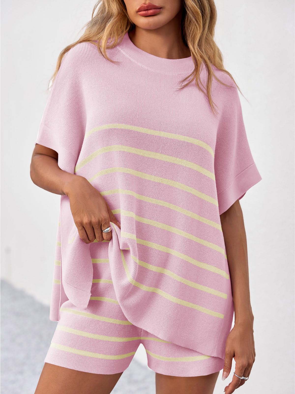 Imily Bela Women's Striped 2 Piece Outfits Oversized Batwing Short Sleeve Tops High Waisted Shorts Summer Knit Lounge Short Sets