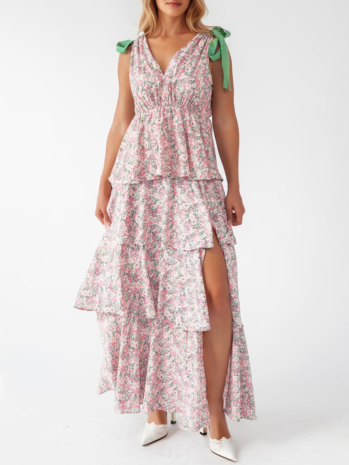 Imily Bela Womens Summer Floral Maxi Dress Tie Strap Sleeveless V Neck High Slit Boho Ruffle Tiered Beach Dresses