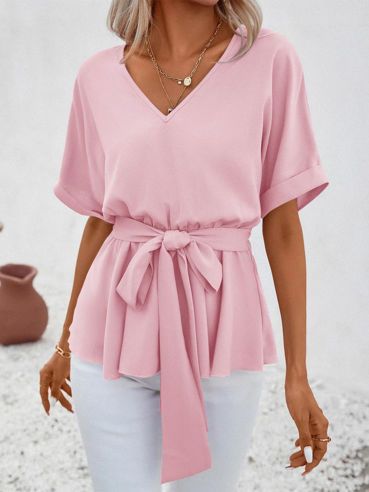 Imily Bela Womens V Neck Blouse Short Sleeve Belted Casual T-Shirts Basic Tee Tops