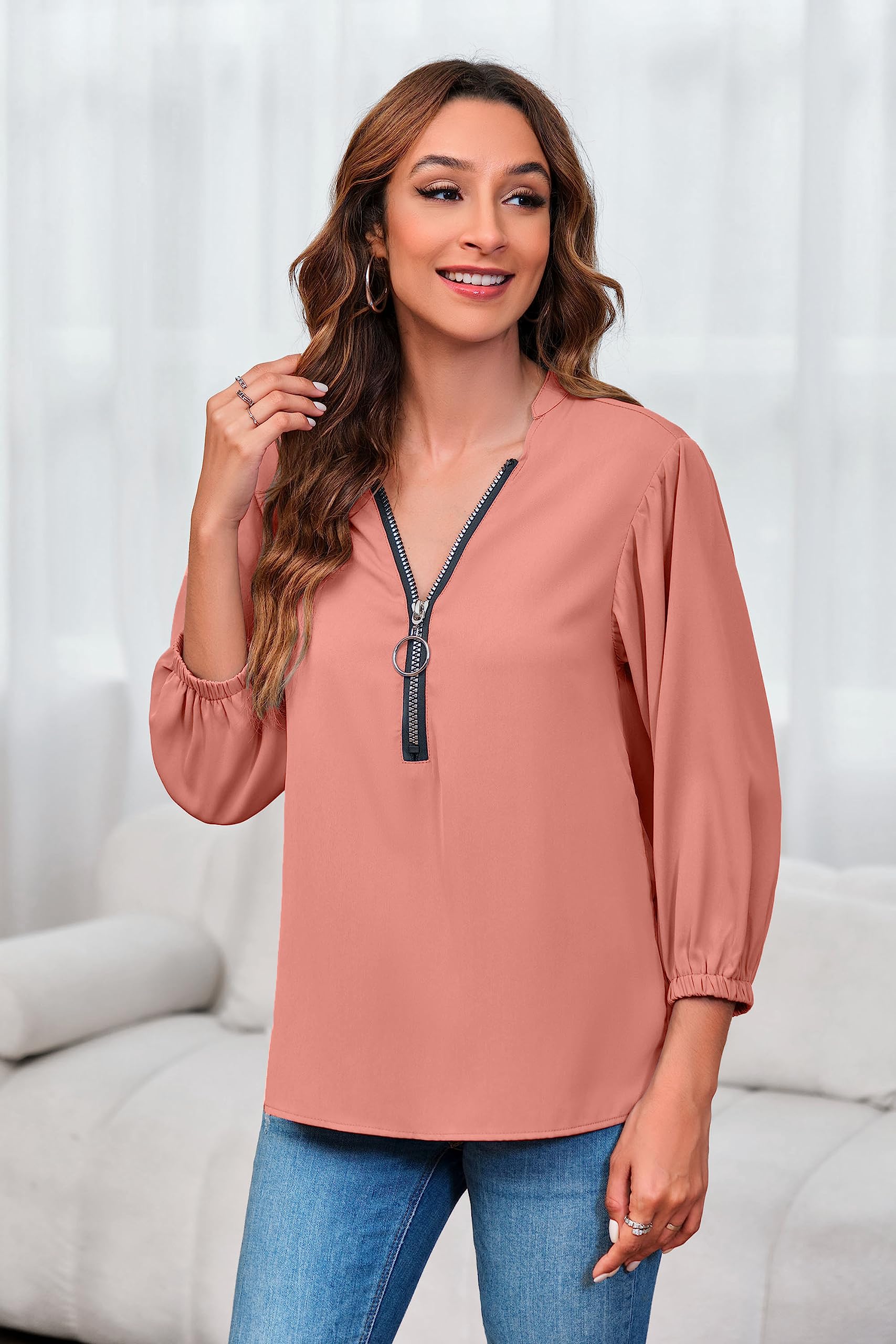 Imily Bela Womens V-Neck Lantern Sleeve Blouse Zipper Design Loose Casual Top Shirts