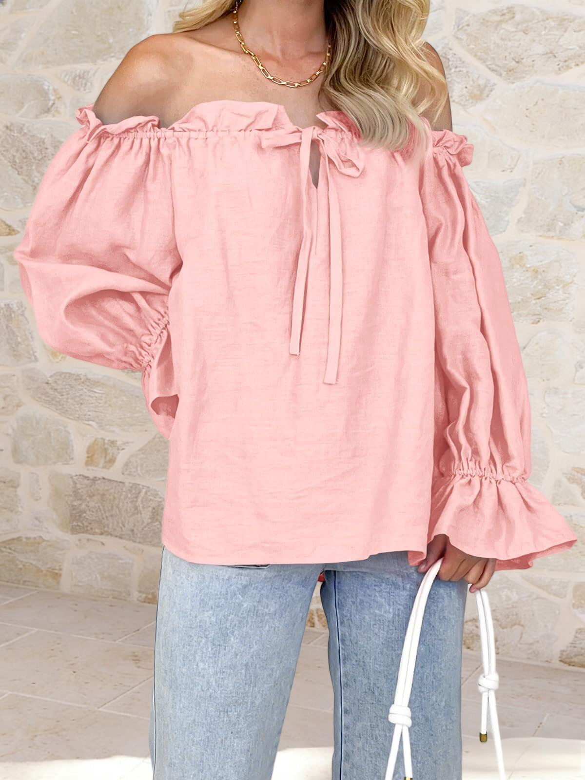 Imily Bela Womens Off The Shoulder Tops Puff Long Sleeve Tie Front Loose Fit Ruffle Shirts Blouses