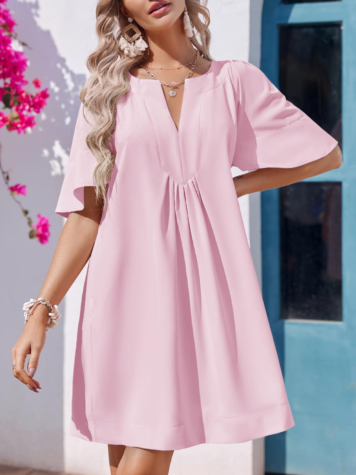 Imily Bela Womens Flutter Short Sleeve Mini Dress Casual V Neck Loose Flowy Summer Dresses