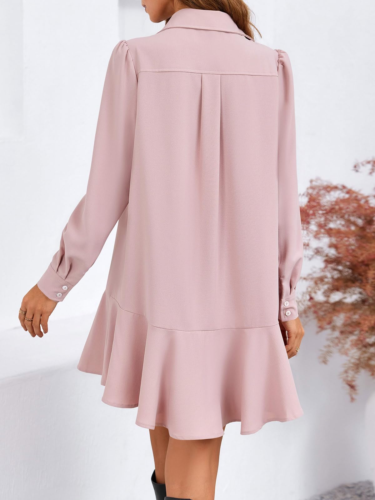 Imily Bela Womens Casual Button Down Shirt Dress Long Sleeve Collared Pleated Swing Mini Dresses