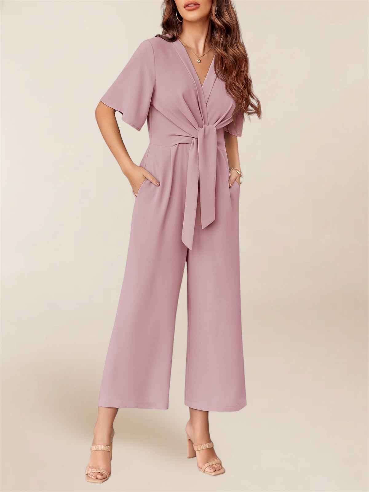 Imily Bela Women's Elegant V Neck Jumpsuits Dressy Casual Short Sleeve Wide Leg Long Pants Rompers