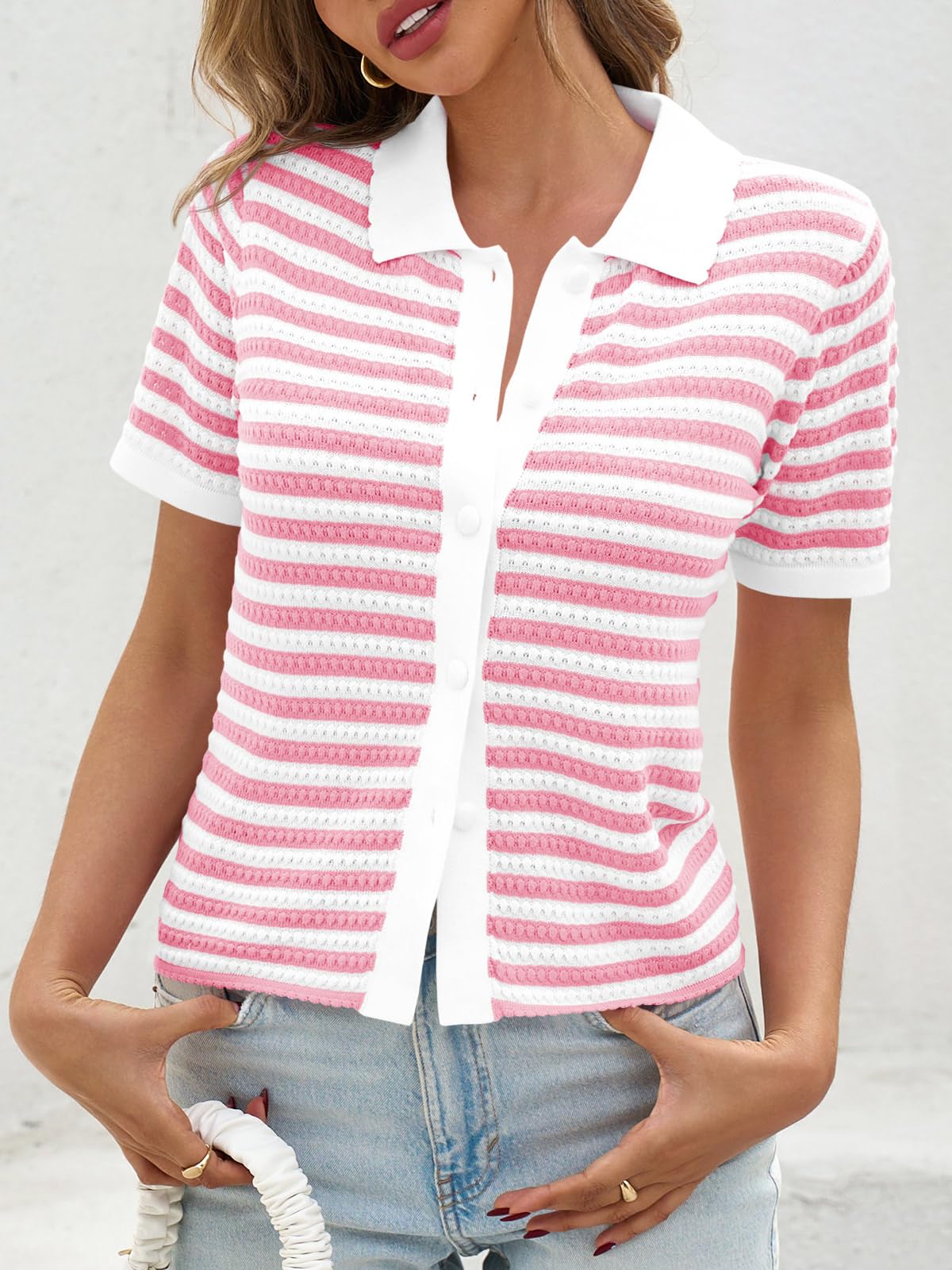 Imily Bela Womens Striped Short Sleeve Sweater Tops Polo Collared Button Crochet Summer Cropped Cardigan