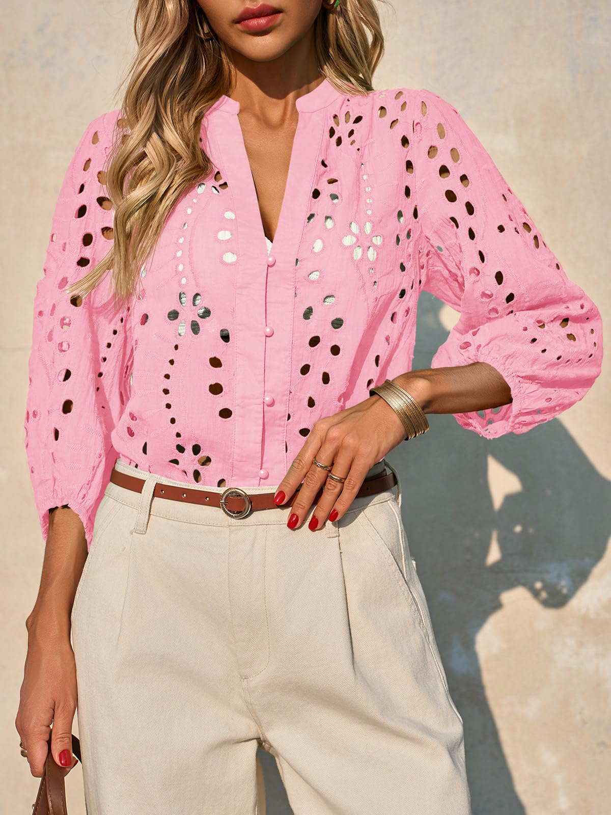 Imily Bela Womens Deep V Neck Eyelet Blouses 3/4 Balloon Sleeve Button Down Hollow Out Fall Shirts