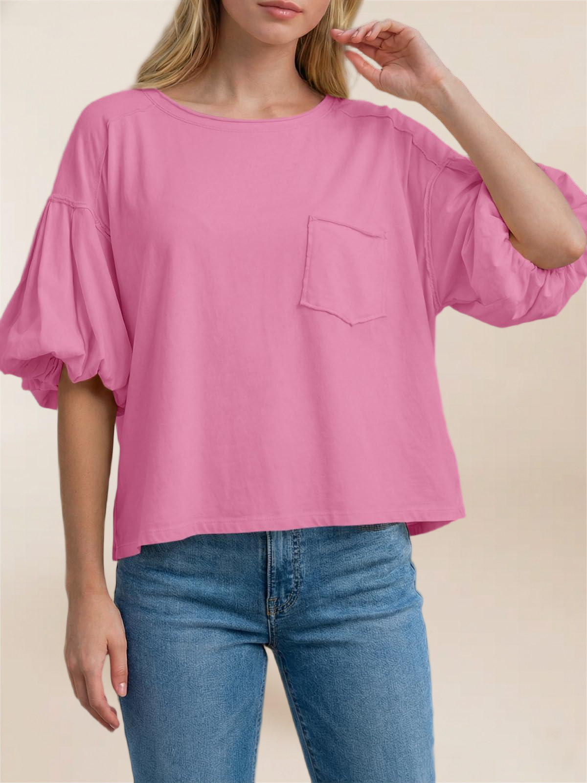 Imily Bela Womens Puff Sleeve Tops Crew Neck Drop Shoulder Pocket T-Shirt Summer Casual Tees Loose Fit Blouse