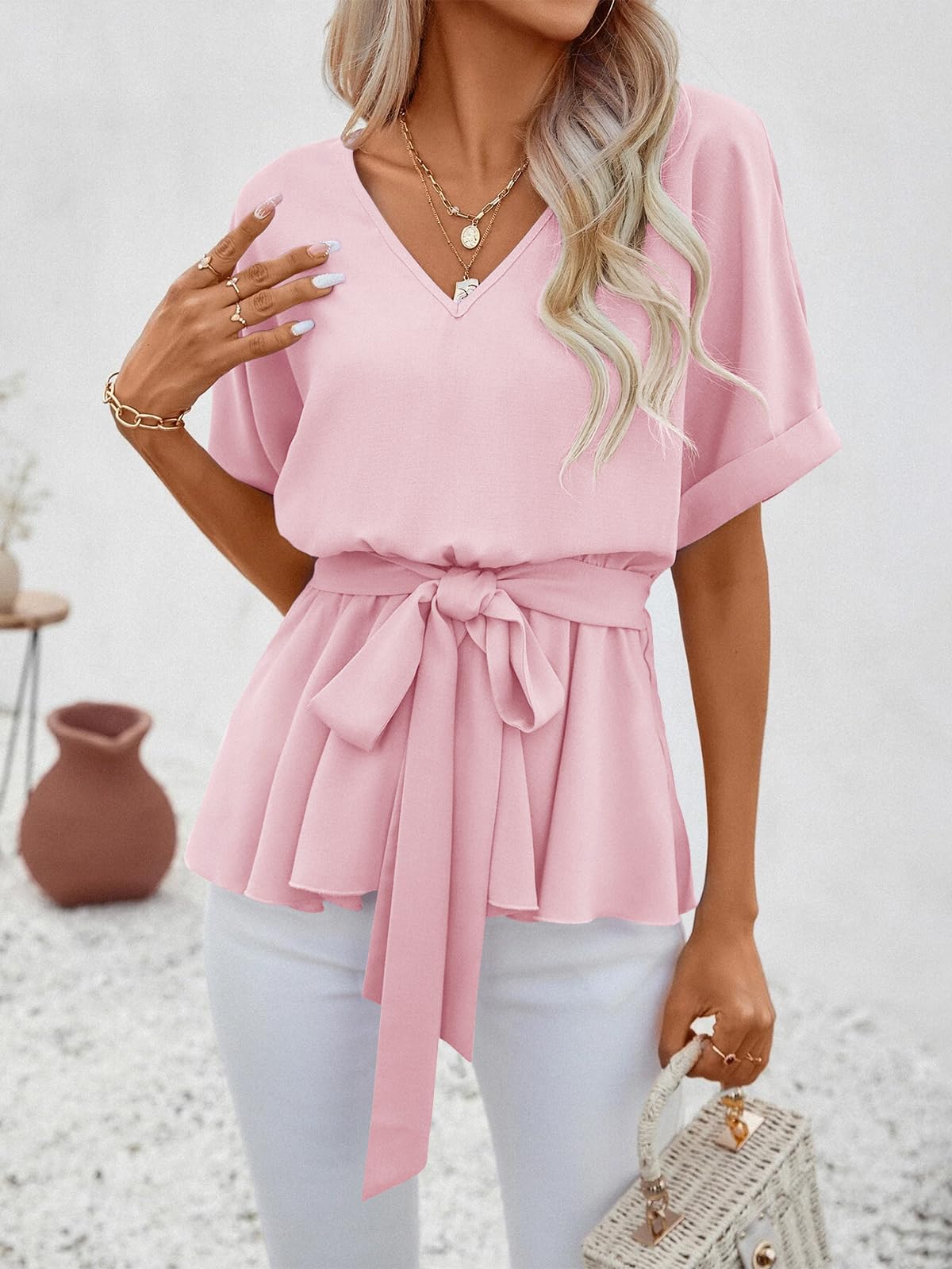 Imily Bela Womens V Neck Blouse Short Sleeve Belted Casual T-Shirts Basic Tee Tops