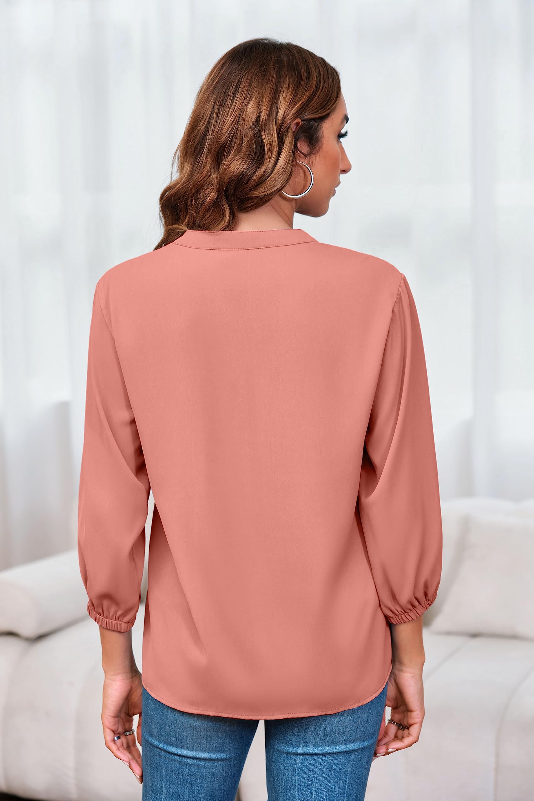 Imily Bela Womens V-Neck Lantern Sleeve Blouse Zipper Design Loose Casual Top Shirts