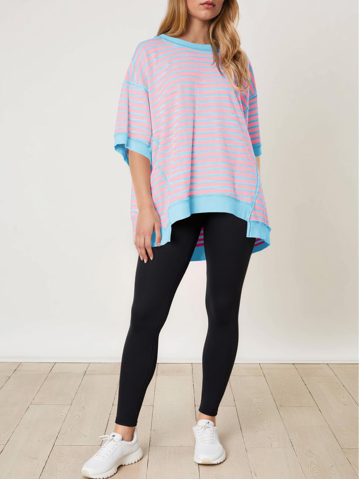 Imily Bela Womens Oversized T Shirts Striped Color Block Cotton Tops Summer Casual Half Sleeve Loose Fit Crewneck Sweatshirts