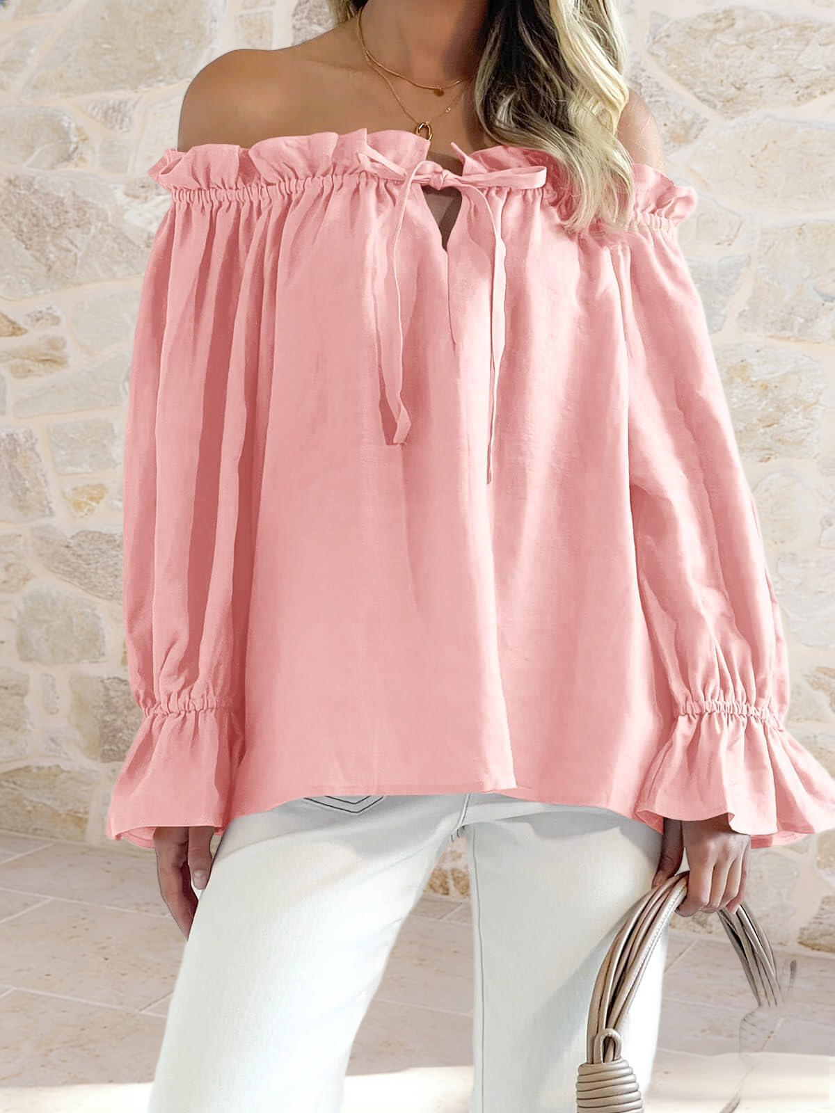 Imily Bela Womens Off The Shoulder Tops Puff Long Sleeve Tie Front Loose Fit Ruffle Shirts Blouses