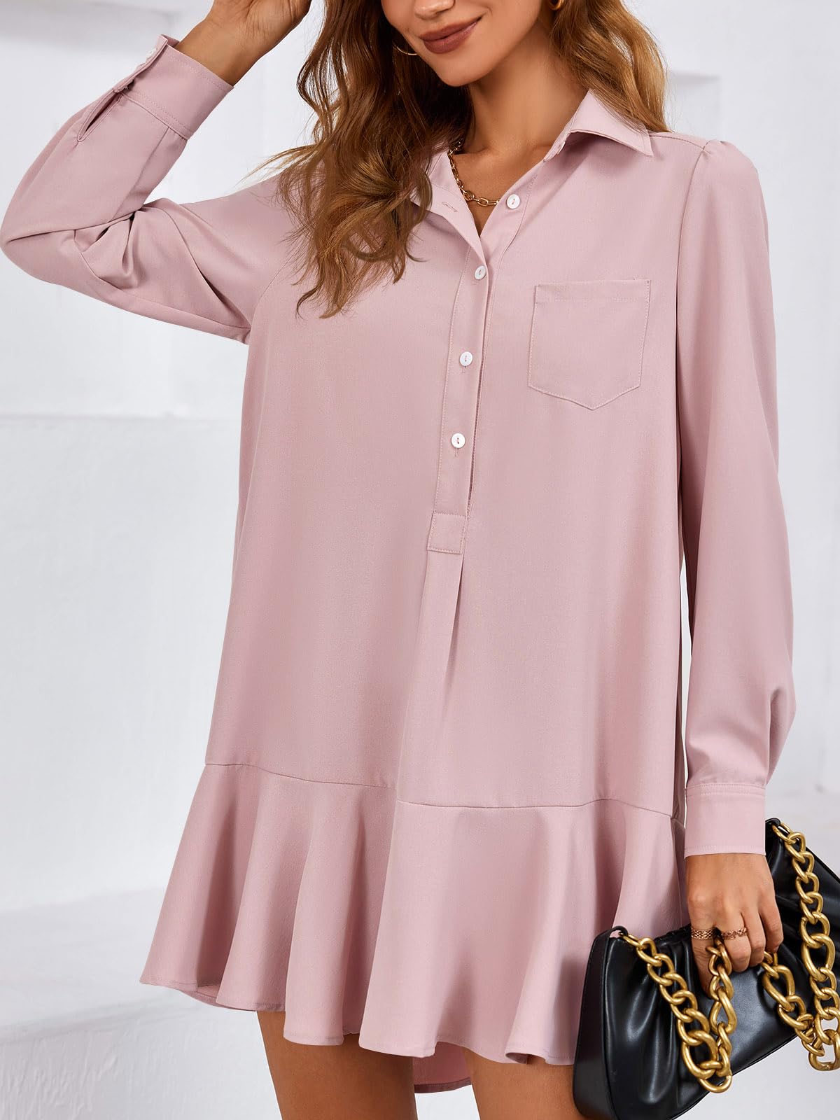 Imily Bela Womens Casual Button Down Shirt Dress Long Sleeve Collared Pleated Swing Mini Dresses