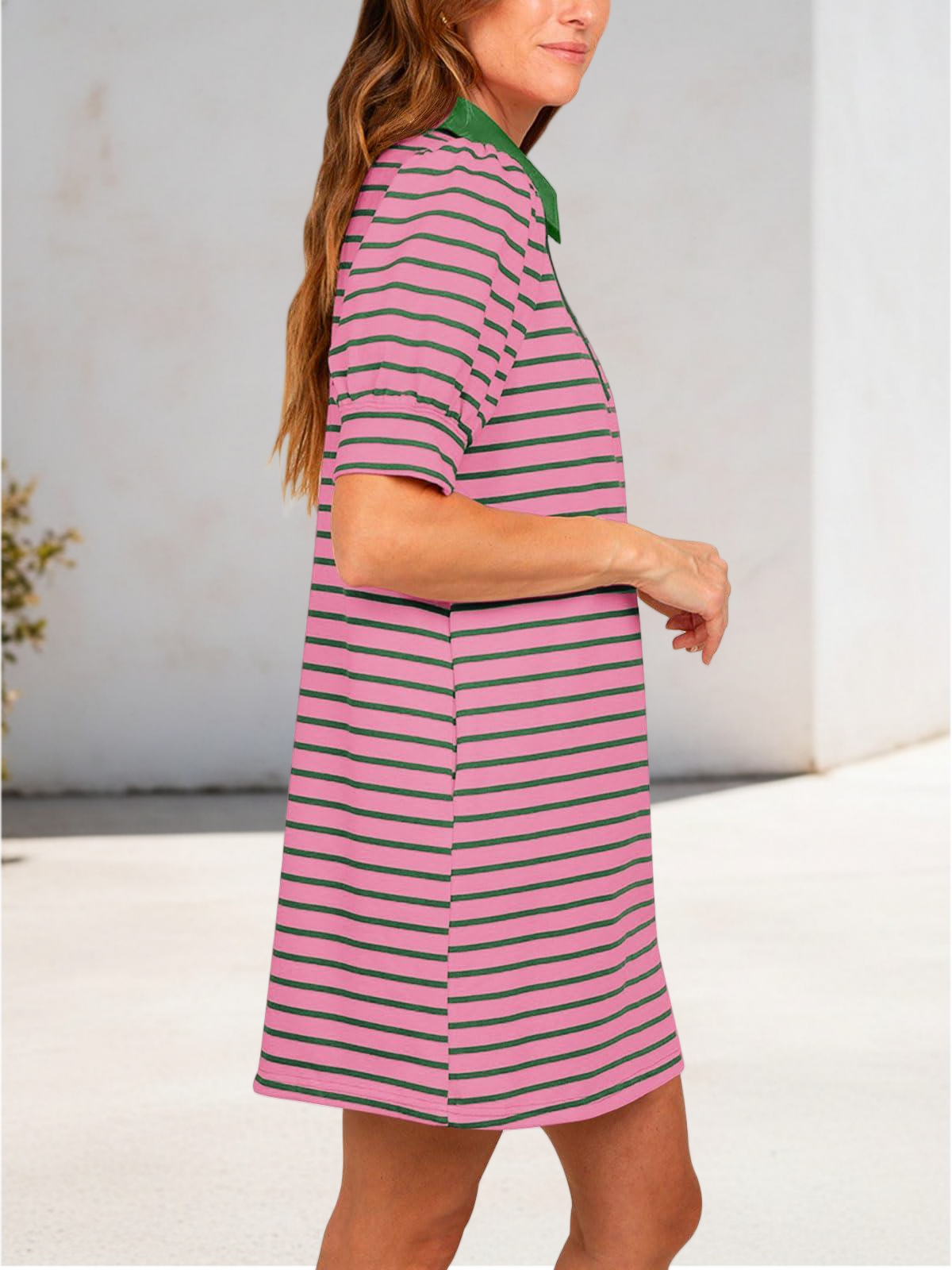 Imily Bela Women's Summer Lapel Collared V Neck Striped Dress Casual Puff Short Sleeve Polo Tshirt Dresses with Pockets