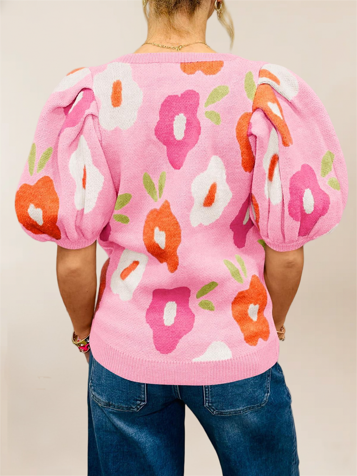 Imily Bela Womens Puff Short Sleeve Sweater Tops 2026 Spring Summer Floral Pullover V Neck Casual Knit T Shirts