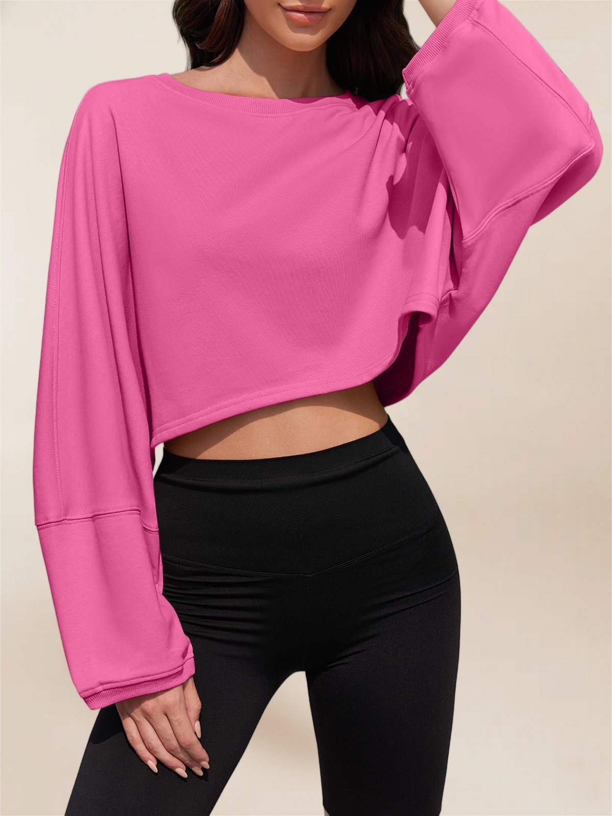 Imily Bela Womens Long Ballon Sleeve Sweatshirts Tops Cropped Crew Neck Loose Fit Casual Workout Shirts