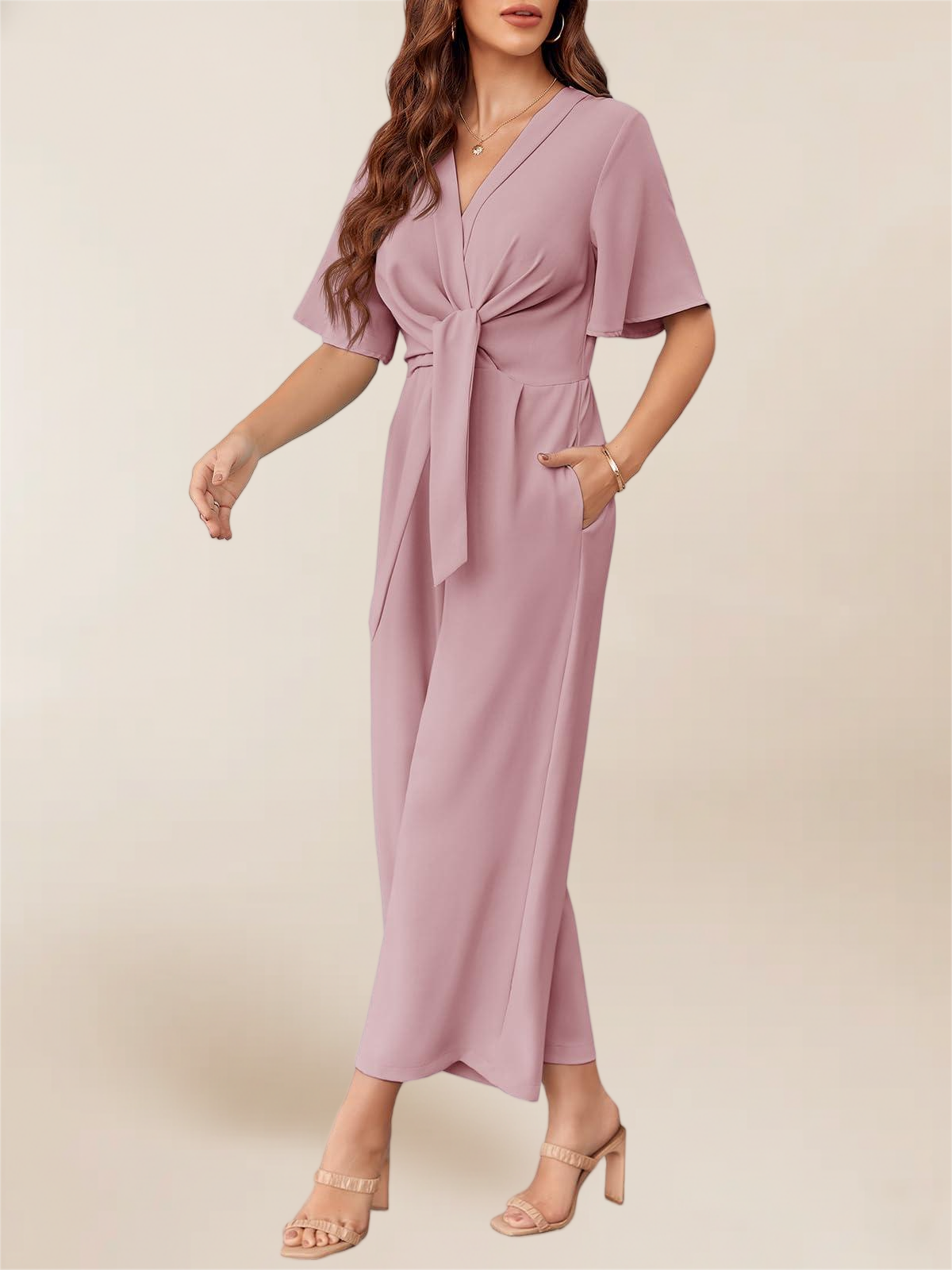 Imily Bela Women's Elegant V Neck Jumpsuits Dressy Casual Short Sleeve Wide Leg Long Pants Rompers