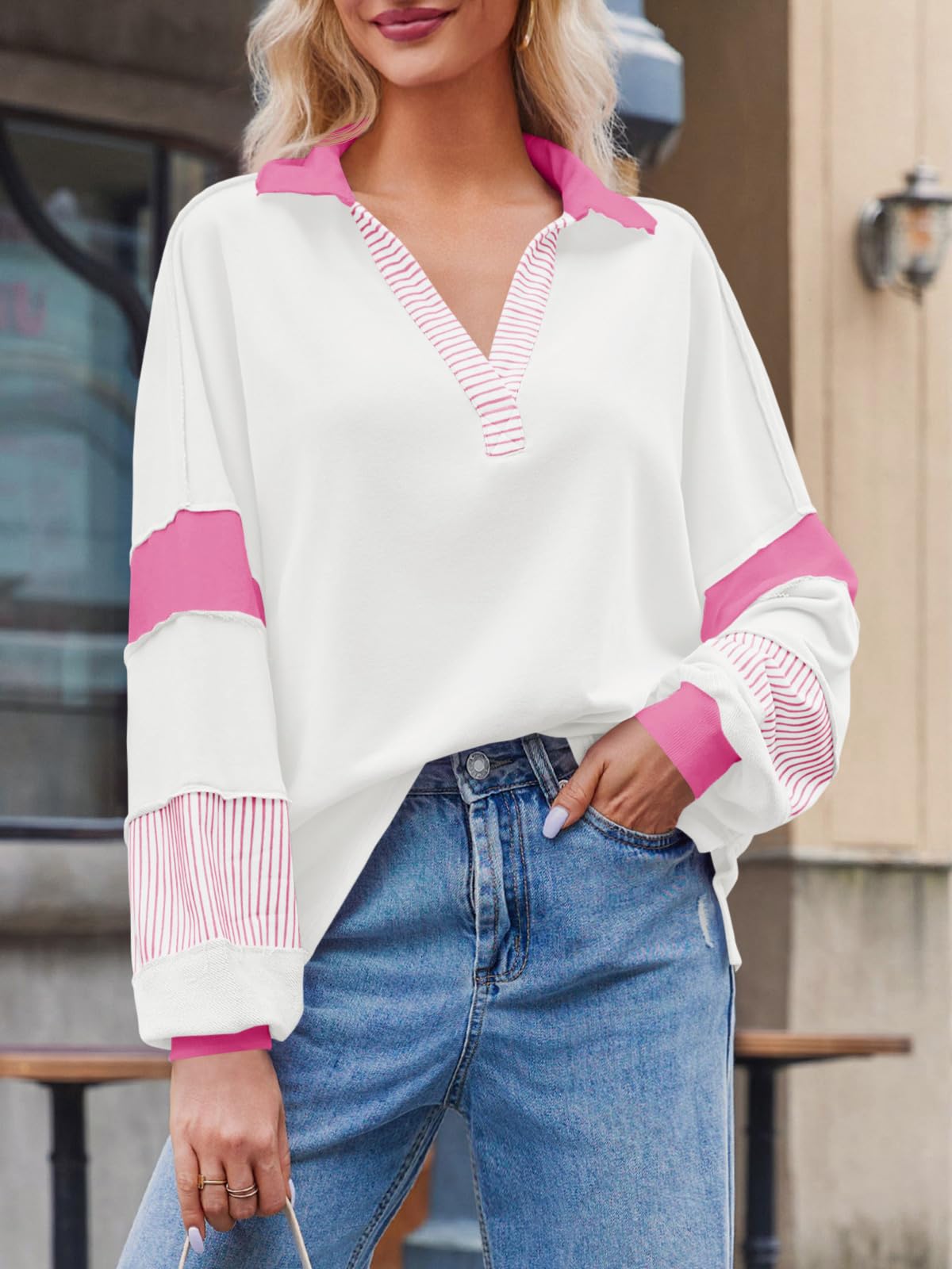 Imily Bela Womens Color Block Oversized Sweatshirt Polo V Neck Long Sleeve Shirts Casual Loose Pullover Tops