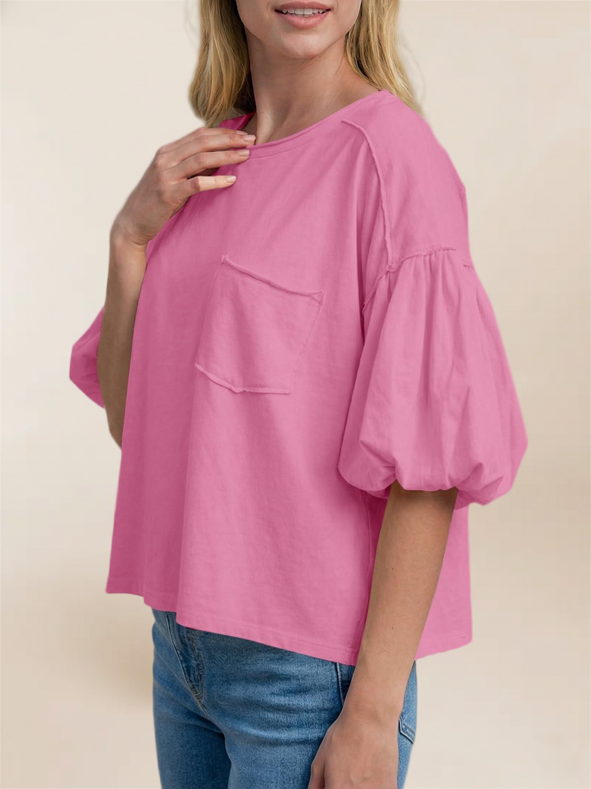 Imily Bela Womens Puff Sleeve Tops Crew Neck Drop Shoulder Pocket T-Shirt Summer Casual Tees Loose Fit Blouse