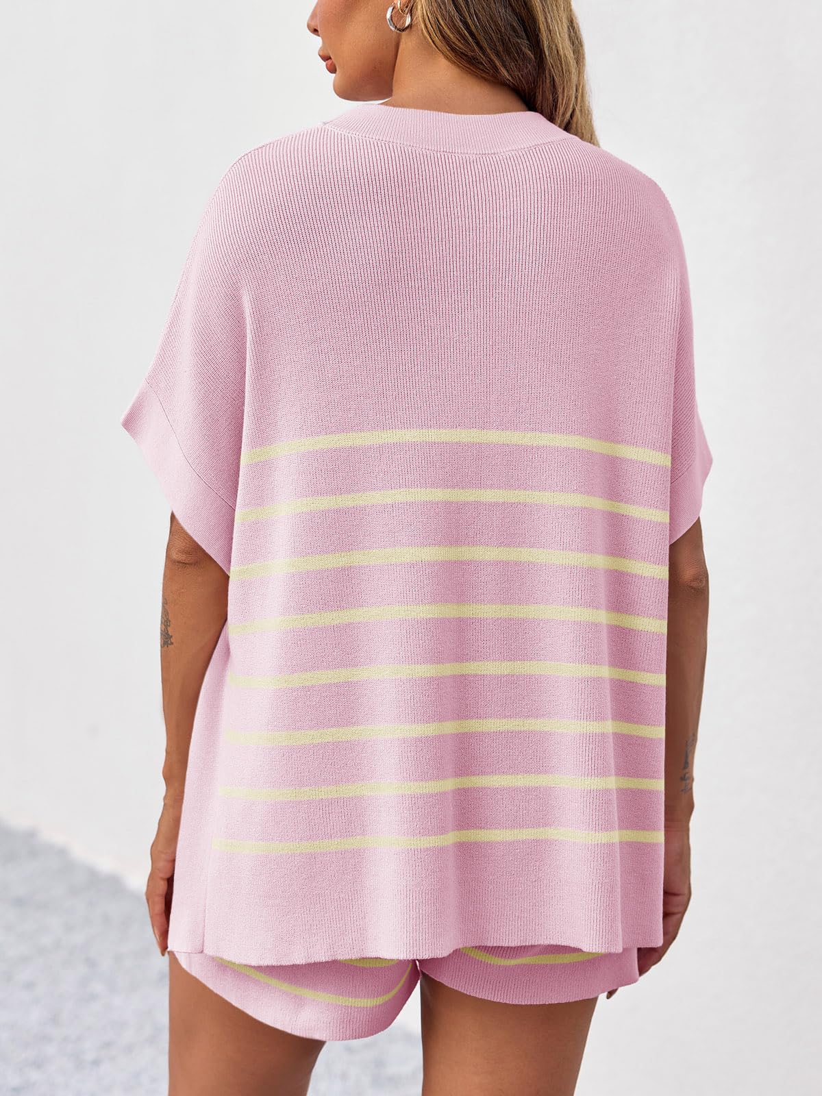 Imily Bela Women's Striped 2 Piece Outfits Oversized Batwing Short Sleeve Tops High Waisted Shorts Summer Knit Lounge Short Sets