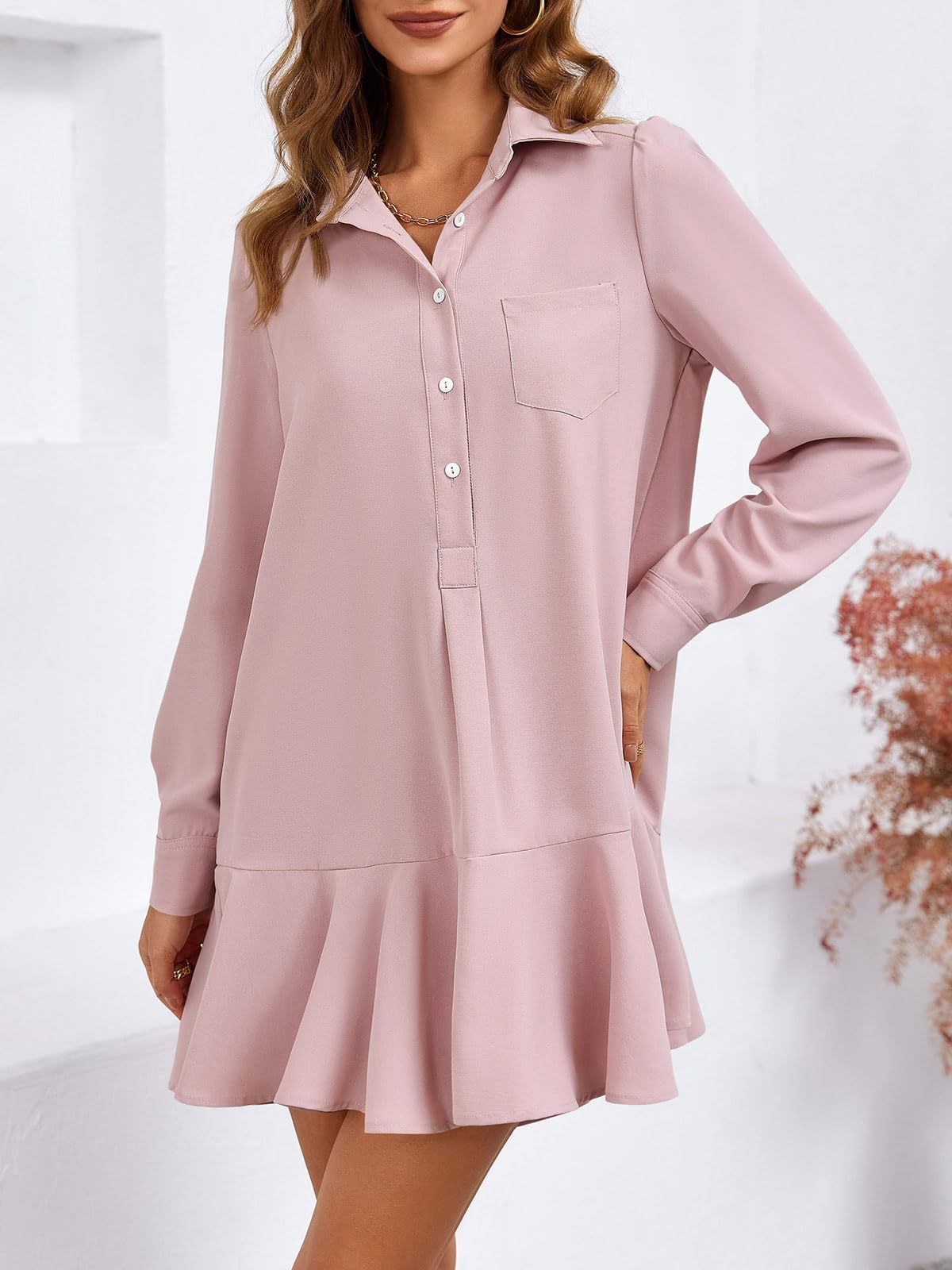 Imily Bela Womens Casual Button Down Shirt Dress Long Sleeve Collared Pleated Swing Mini Dresses