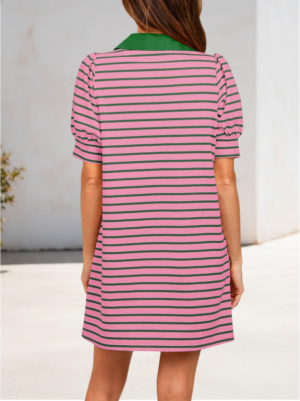 Imily Bela Women's Summer Lapel Collared V Neck Striped Dress Casual Puff Short Sleeve Polo Tshirt Dresses with Pockets