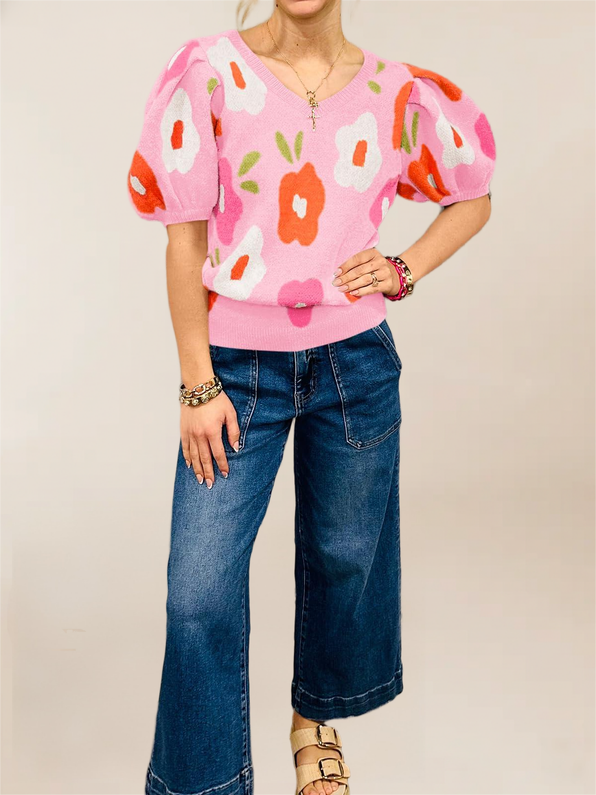 Imily Bela Womens Puff Short Sleeve Sweater Tops 2026 Spring Summer Floral Pullover V Neck Casual Knit T Shirts