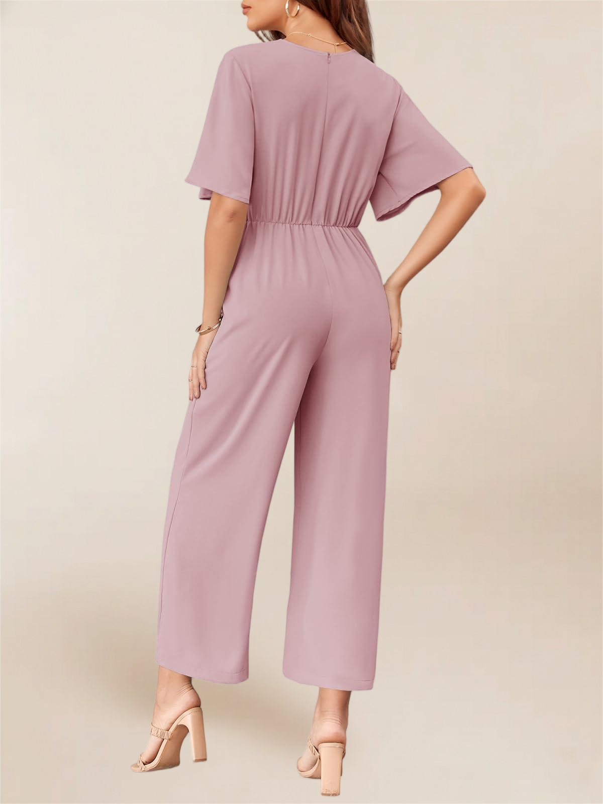 Imily Bela Women's Elegant V Neck Jumpsuits Dressy Casual Short Sleeve Wide Leg Long Pants Rompers