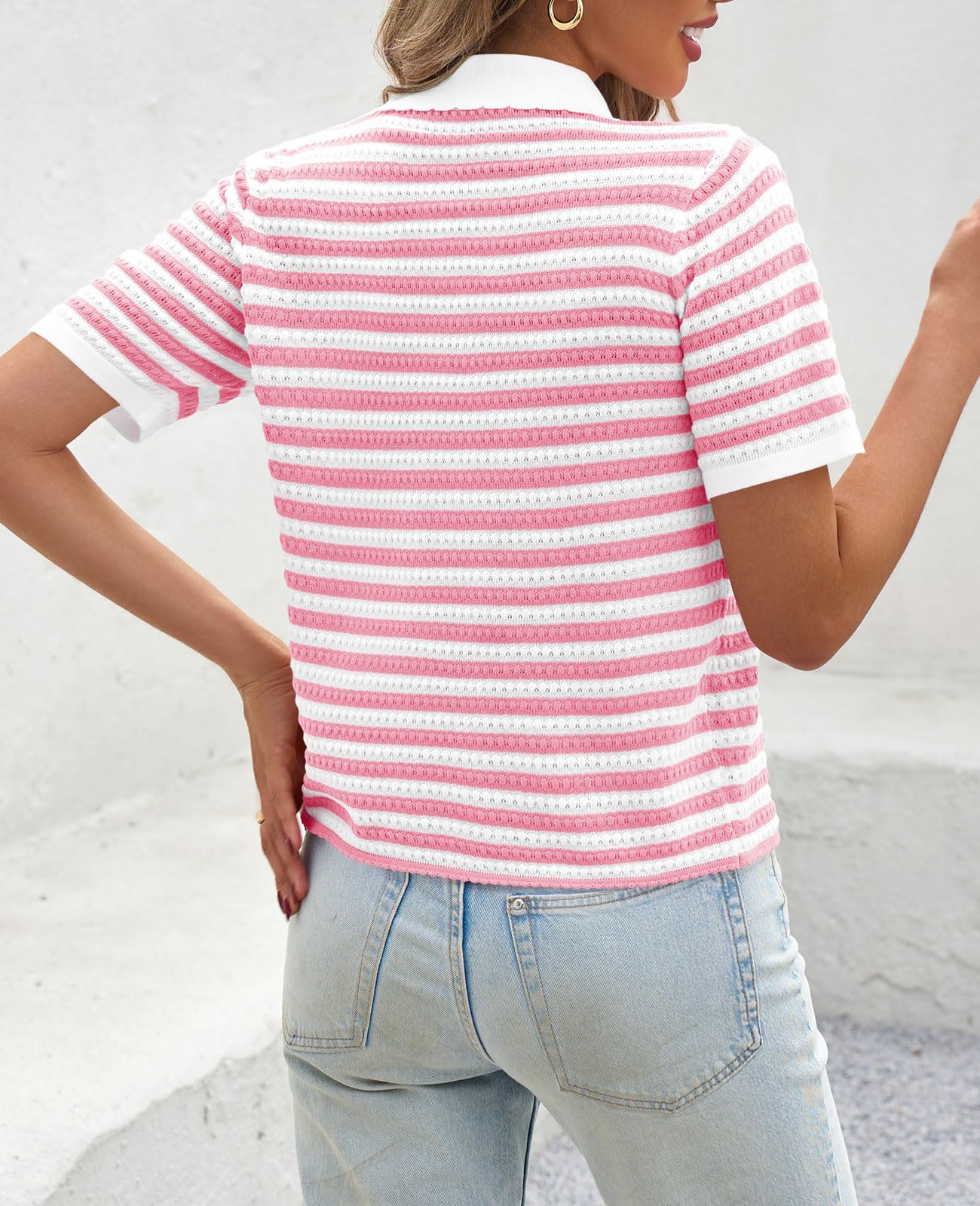 Imily Bela Womens Striped Short Sleeve Sweater Tops Polo Collared Button Crochet Summer Cropped Cardigan