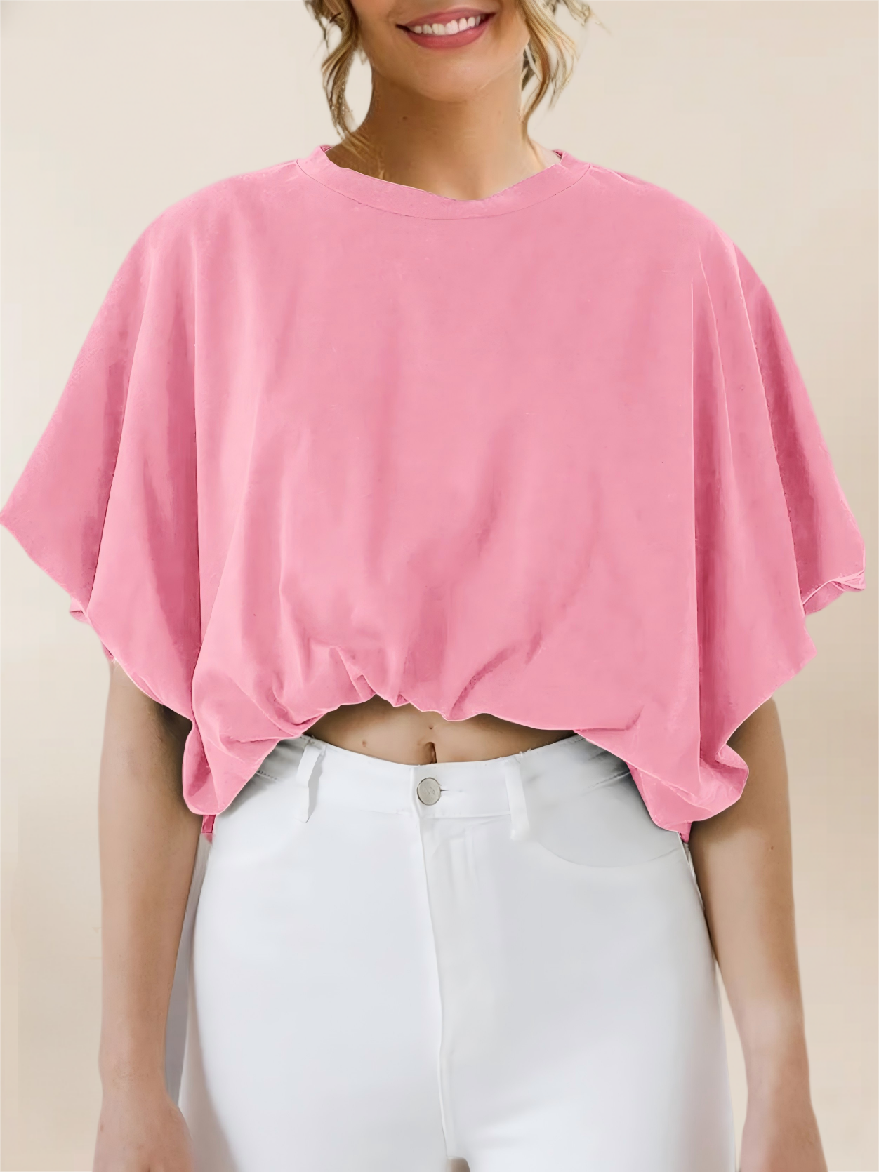 Imily Bela Womens Summer Crewneck Crop Tops Short Sleeve Casual Loose Cropped T Shirts