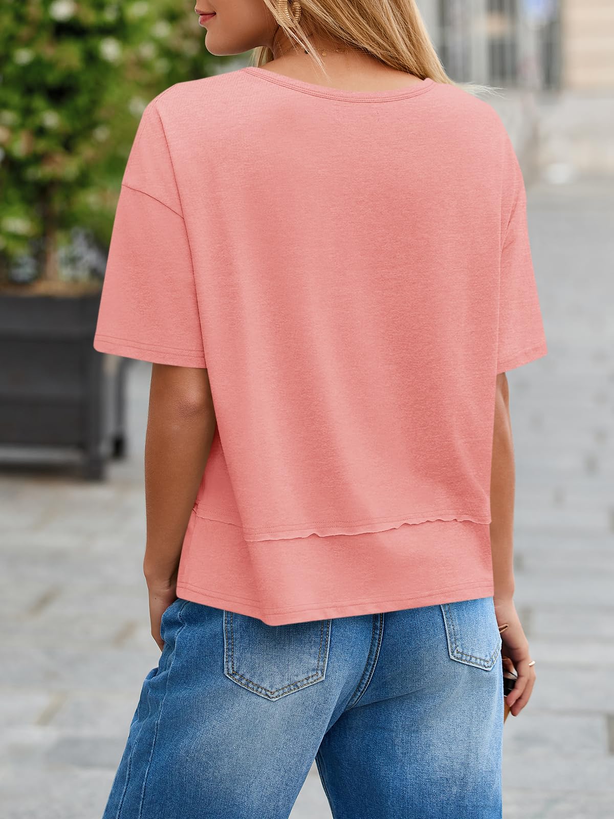Imily Bela Womens Summer V Neck T Shirts Casual Short Sleeve Flowy Tops Cute Loose Fit Basic Tees