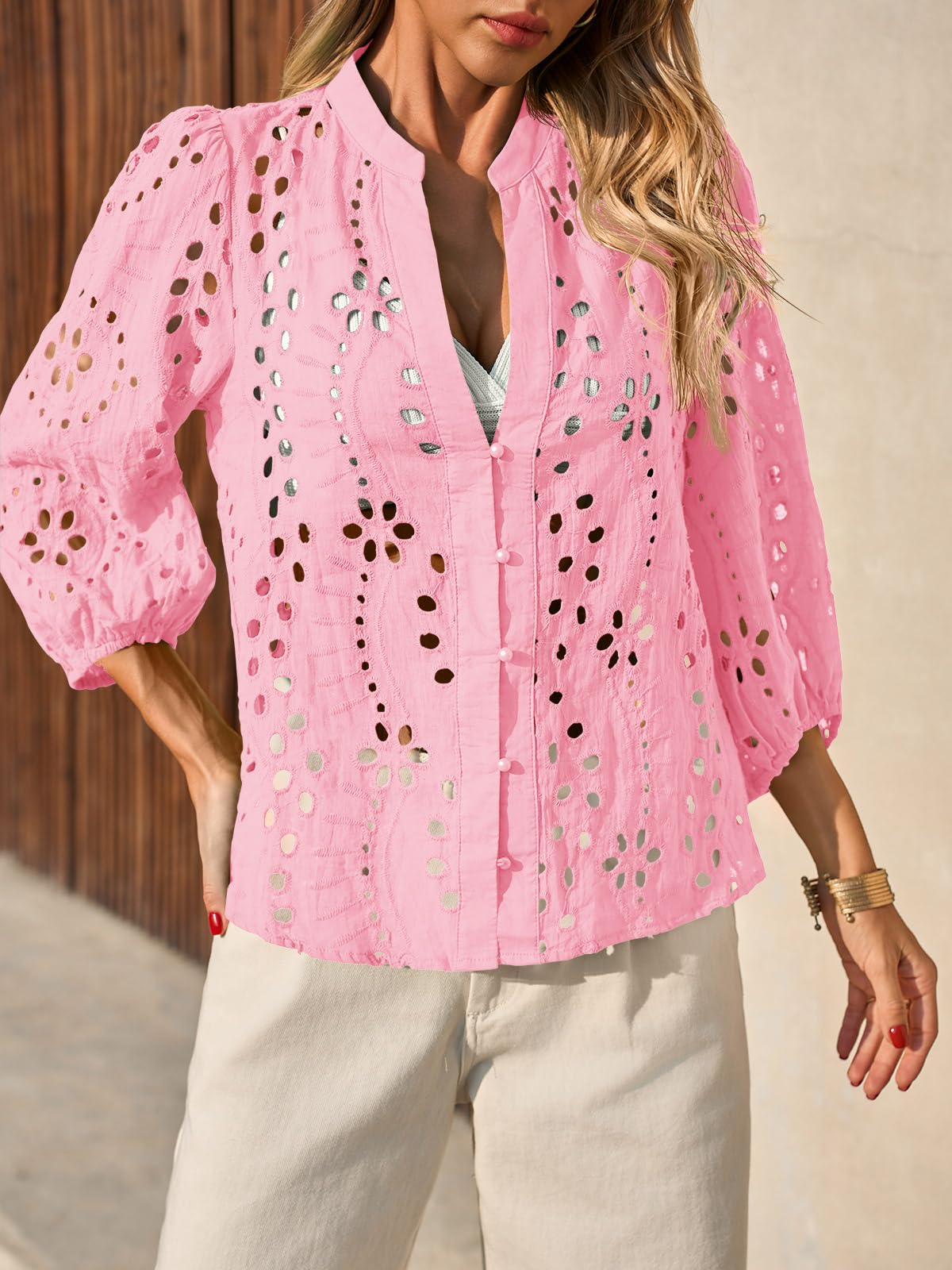 Imily Bela Womens Deep V Neck Eyelet Blouses 3/4 Balloon Sleeve Button Down Hollow Out Fall Shirts