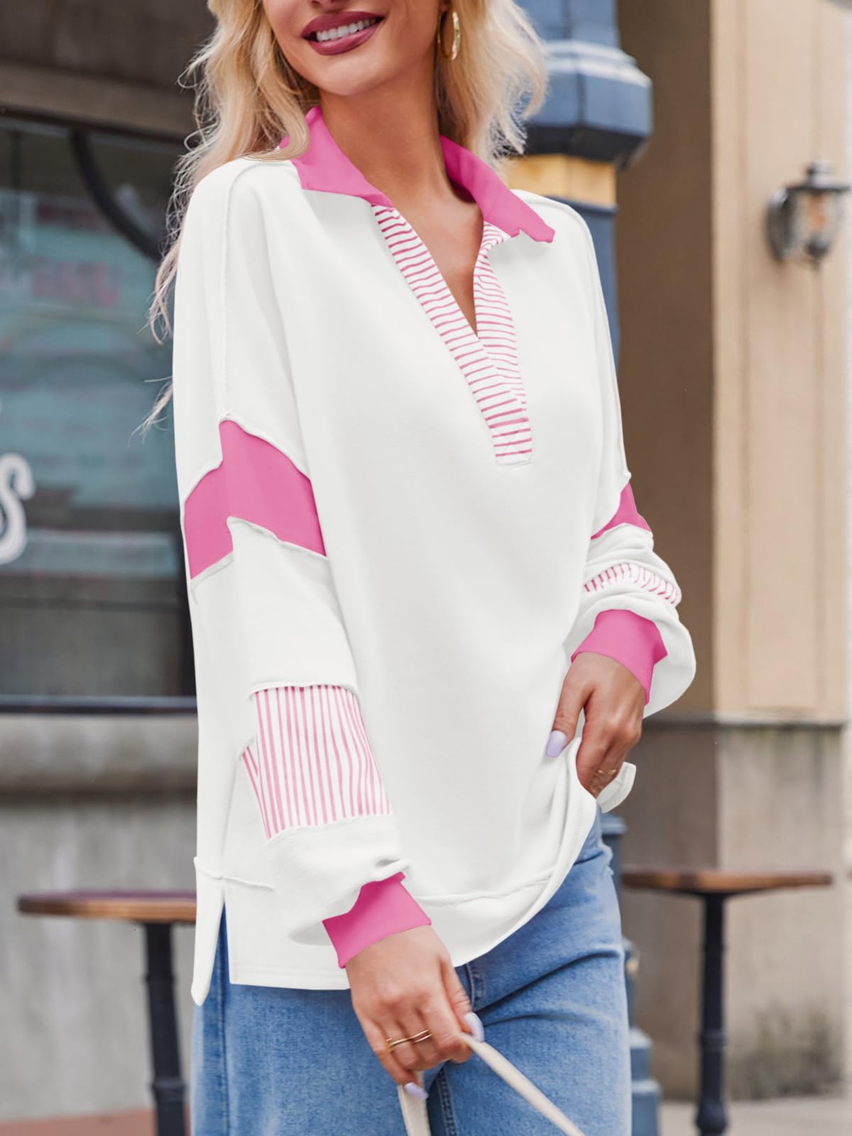 Imily Bela Womens Color Block Oversized Sweatshirt Polo V Neck Long Sleeve Shirts Casual Loose Pullover Tops