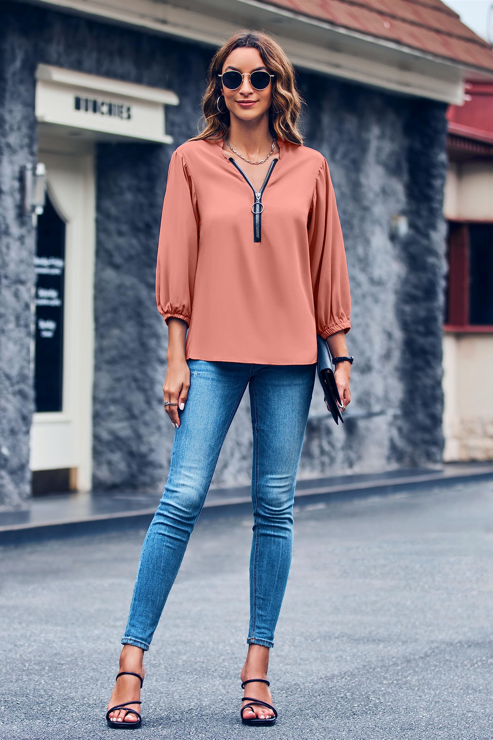 Imily Bela Womens V-Neck Lantern Sleeve Blouse Zipper Design Loose Casual Top Shirts