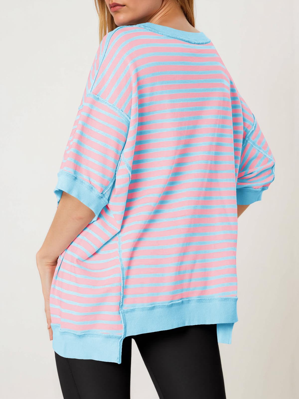 Imily Bela Womens Oversized T Shirts Striped Color Block Cotton Tops Summer Casual Half Sleeve Loose Fit Crewneck Sweatshirts