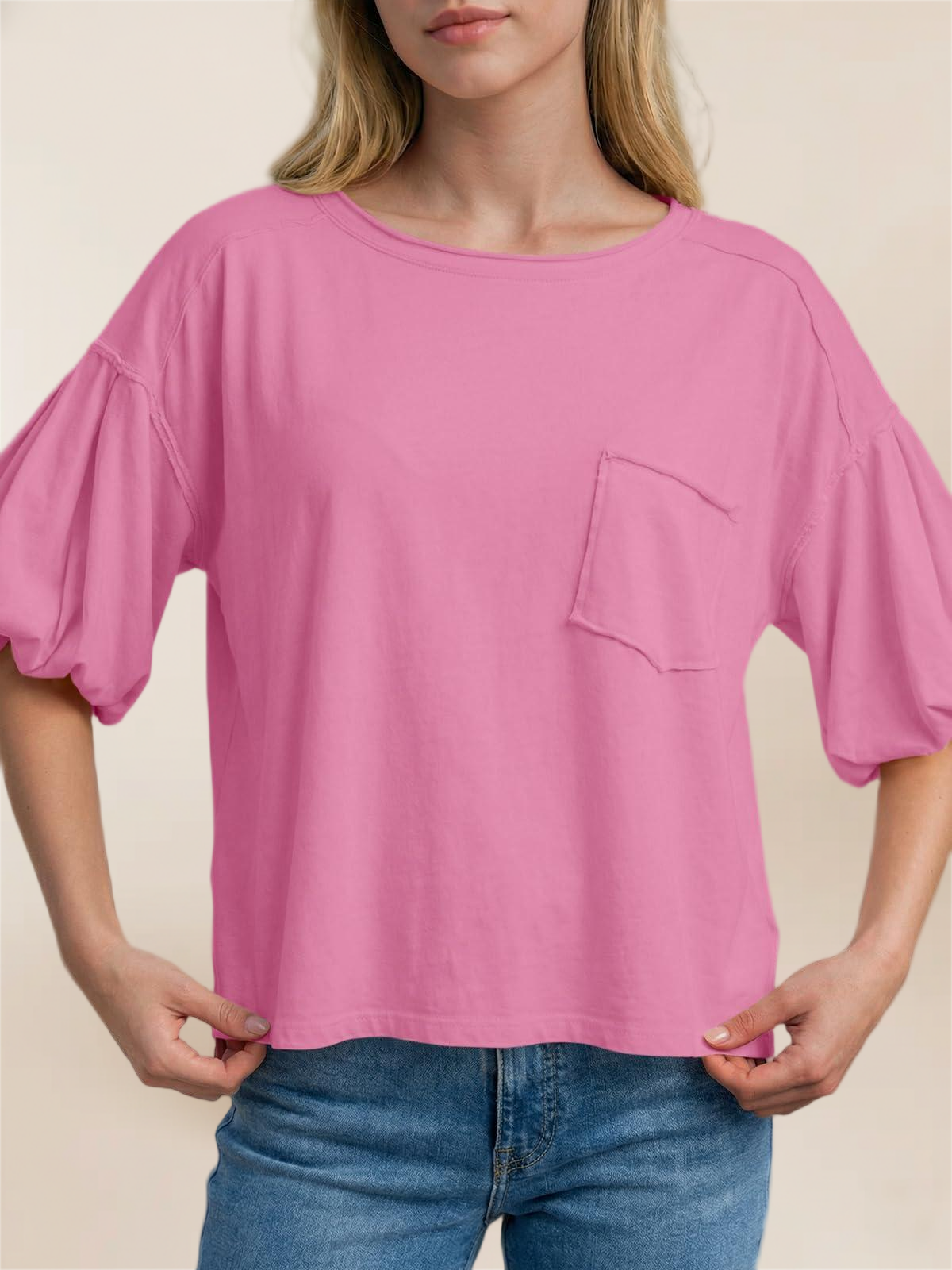 Imily Bela Womens Puff Sleeve Tops Crew Neck Drop Shoulder Pocket T-Shirt Summer Casual Tees Loose Fit Blouse