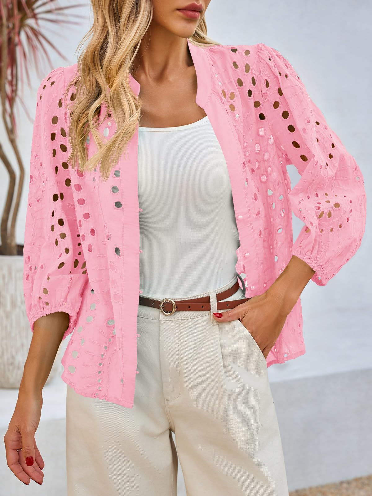 Imily Bela Womens Deep V Neck Eyelet Blouses 3/4 Balloon Sleeve Button Down Hollow Out Fall Shirts