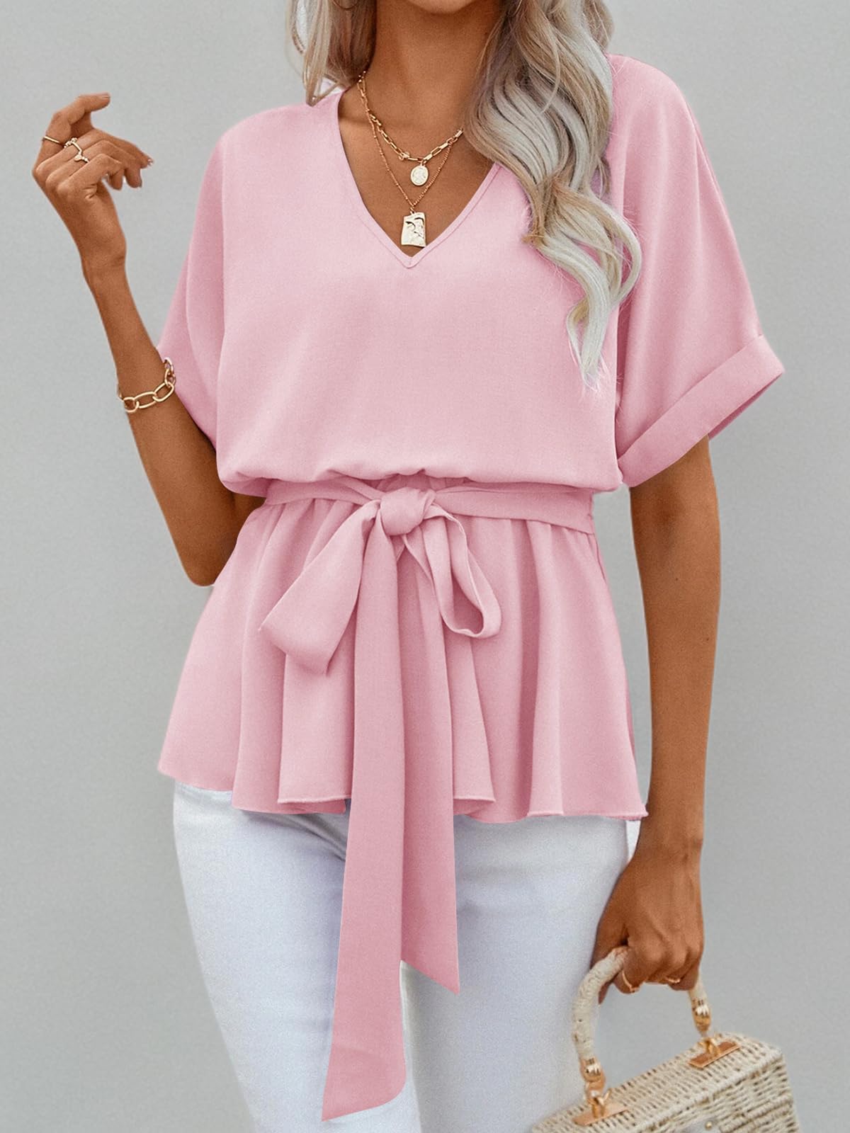 Imily Bela Womens V Neck Blouse Short Sleeve Belted Casual T-Shirts Basic Tee Tops
