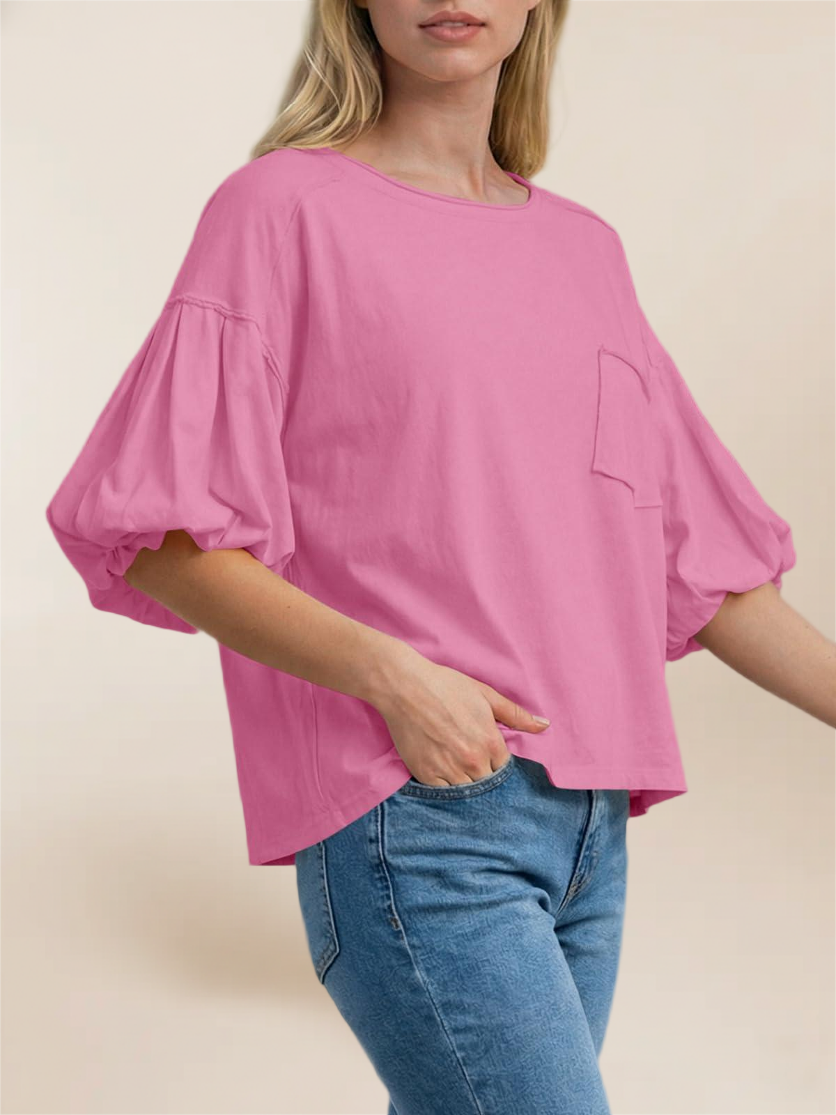 Imily Bela Womens Puff Sleeve Tops Crew Neck Drop Shoulder Pocket T-Shirt Summer Casual Tees Loose Fit Blouse