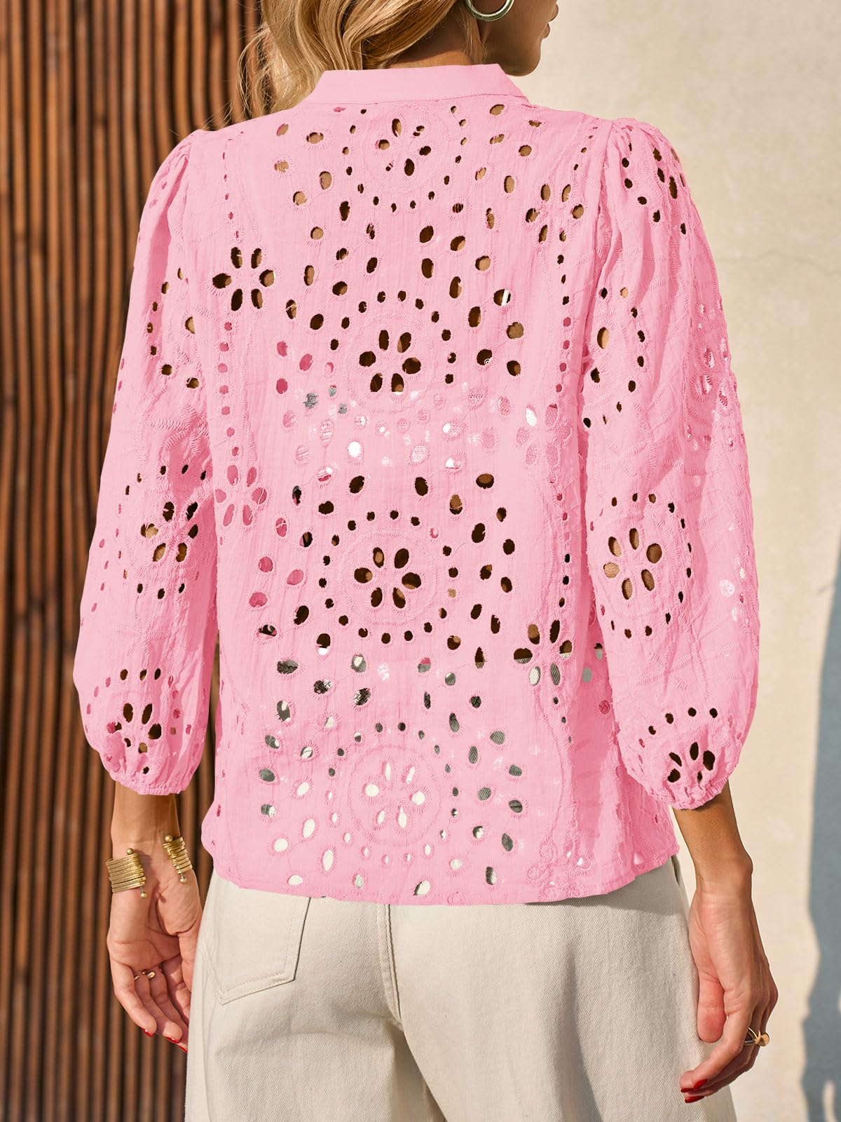 Imily Bela Womens Deep V Neck Eyelet Blouses 3/4 Balloon Sleeve Button Down Hollow Out Fall Shirts