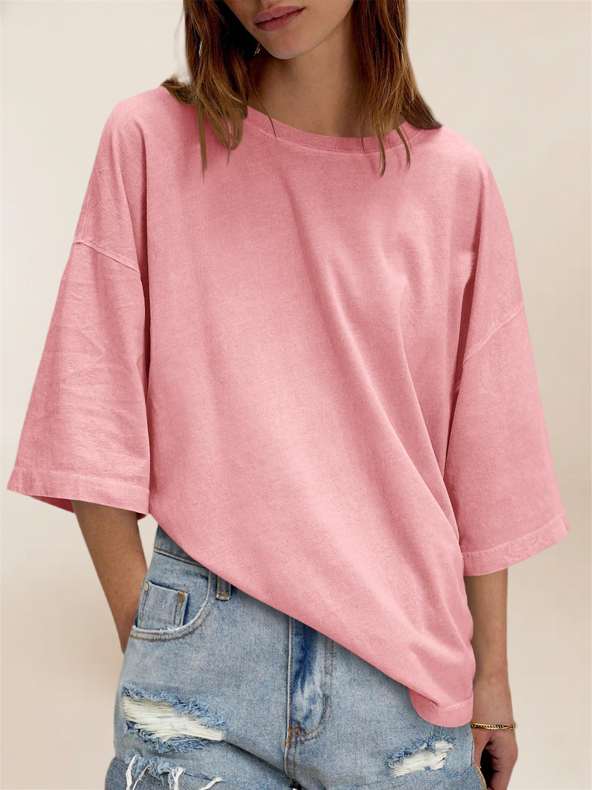Imily Bela Womens Oversized Half Sleeve T-Shirts Summer Casual Crew Neck Tunic Tops Loose Fit Boxy Basic Tees