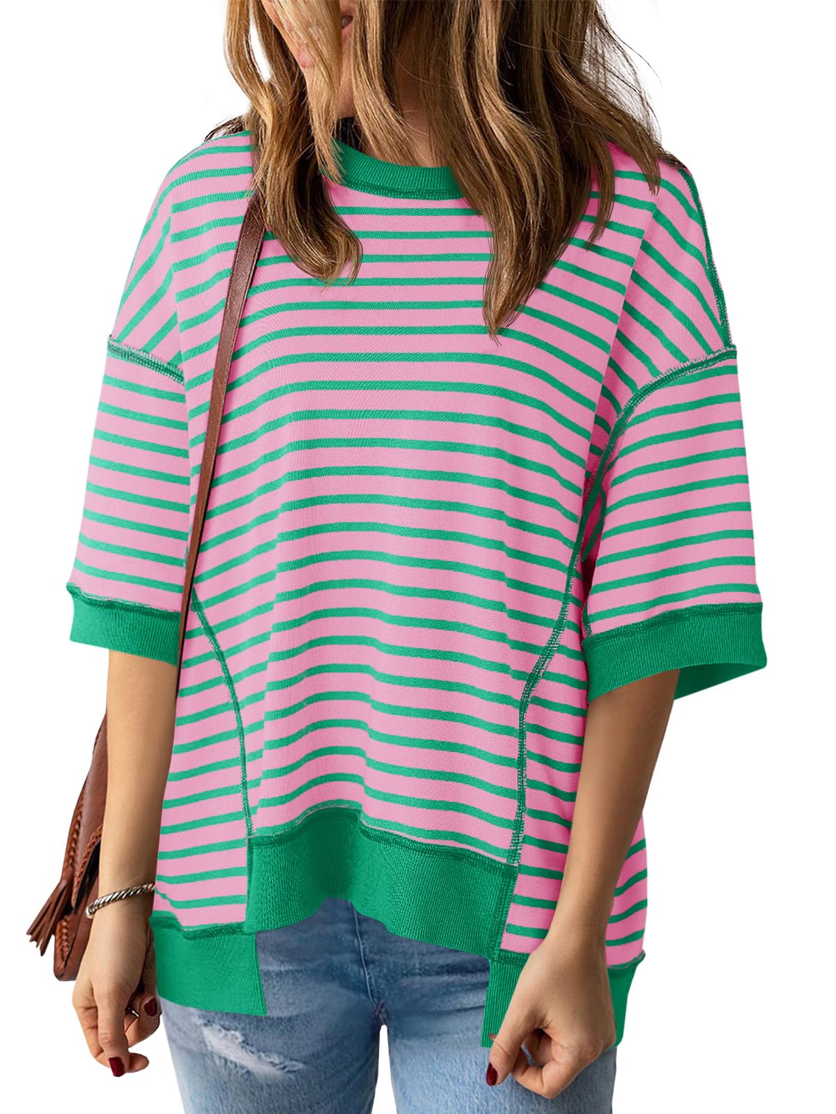Imily Bela Womens Oversized T Shirts Striped Color Block Cotton Tops Summer Casual Half Sleeve Loose Fit Crewneck Sweatshirts