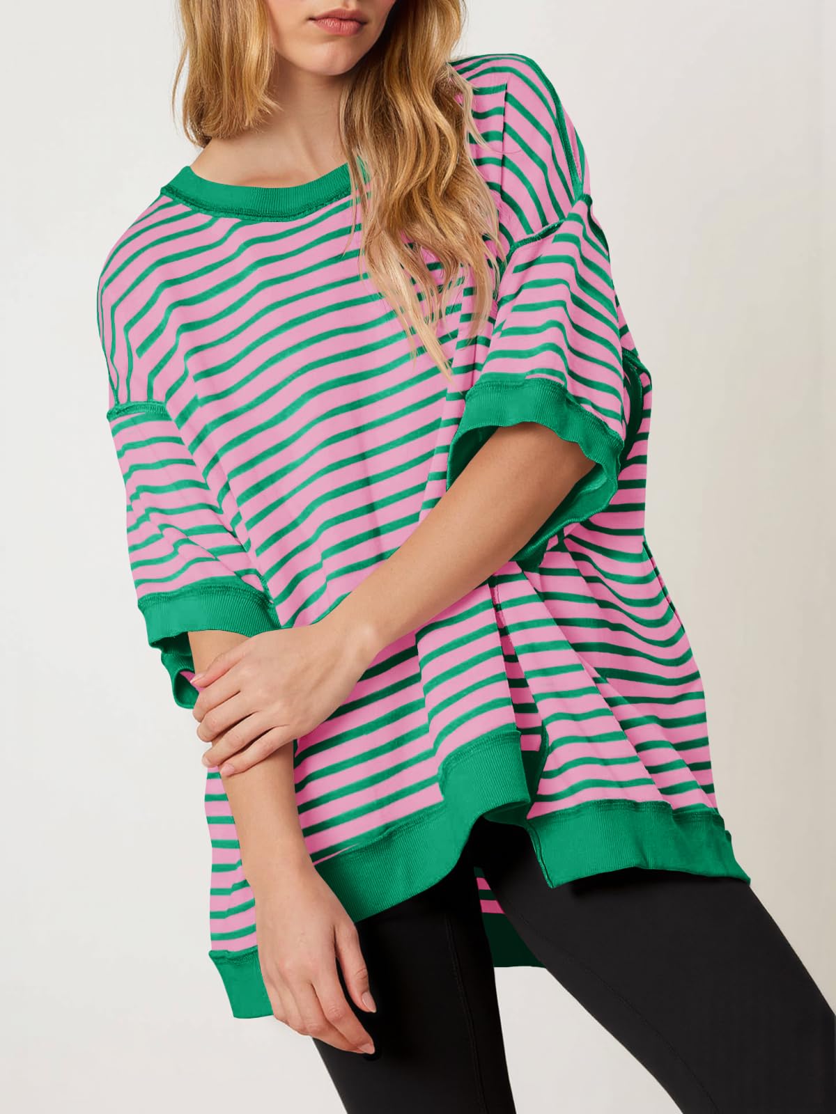 Imily Bela Womens Oversized T Shirts Striped Color Block Cotton Tops Summer Casual Half Sleeve Loose Fit Crewneck Sweatshirts